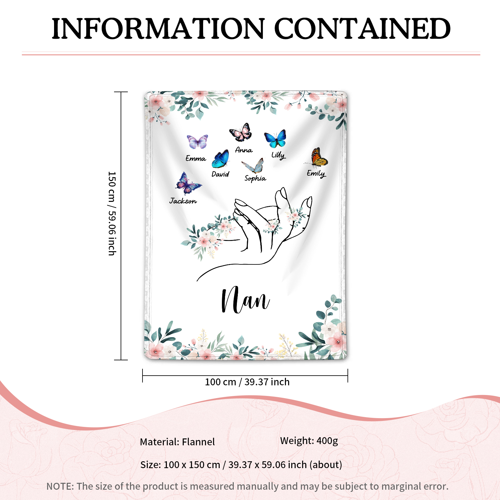 Personalised Butterfly Family Blanket - Custom 7 Names with Floral Accents Blanket Gift for Nan | Jessmade