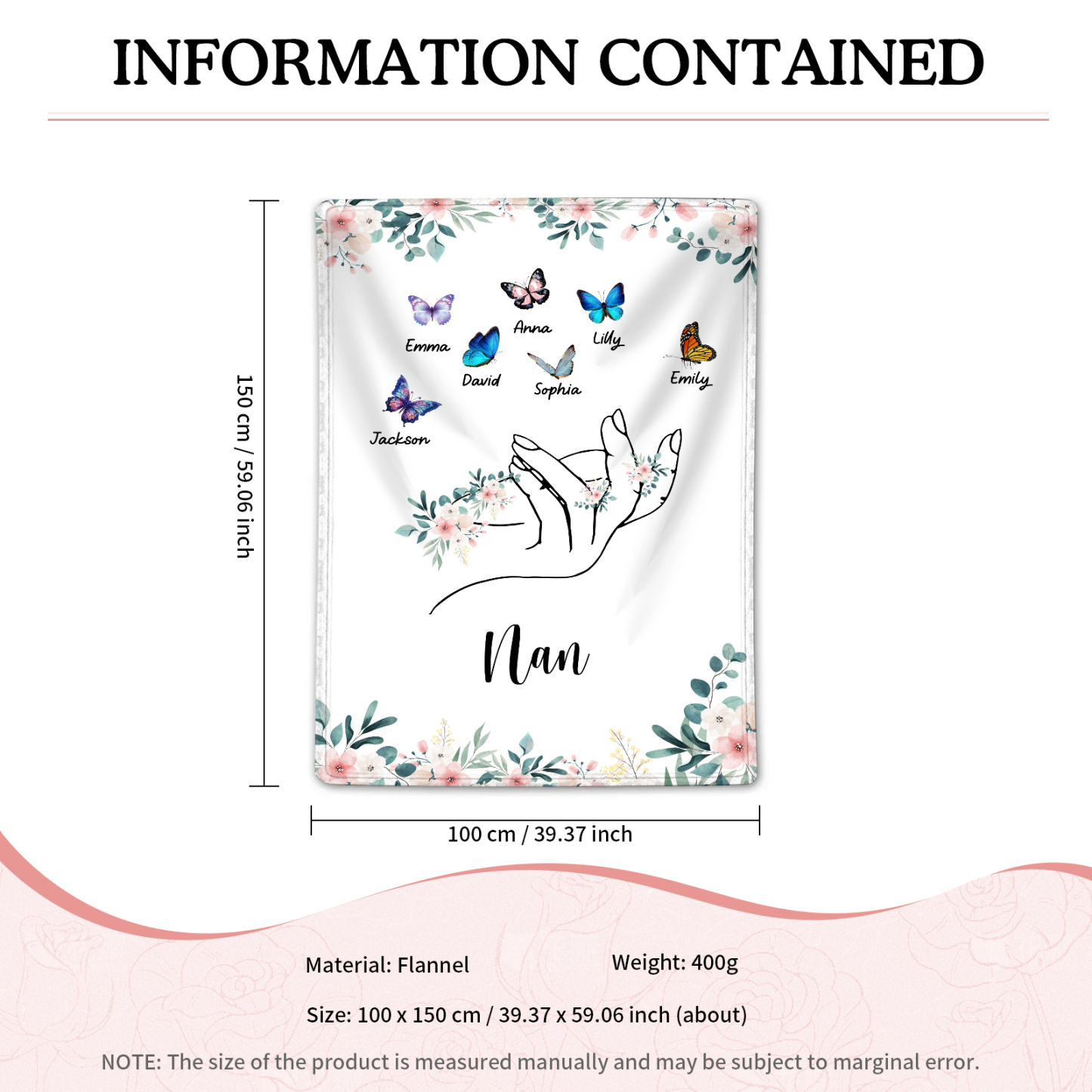 Personalised Butterfly Family Blanket - Custom 7 Names with Floral Accents Blanket Gift for Nan | Jessmade