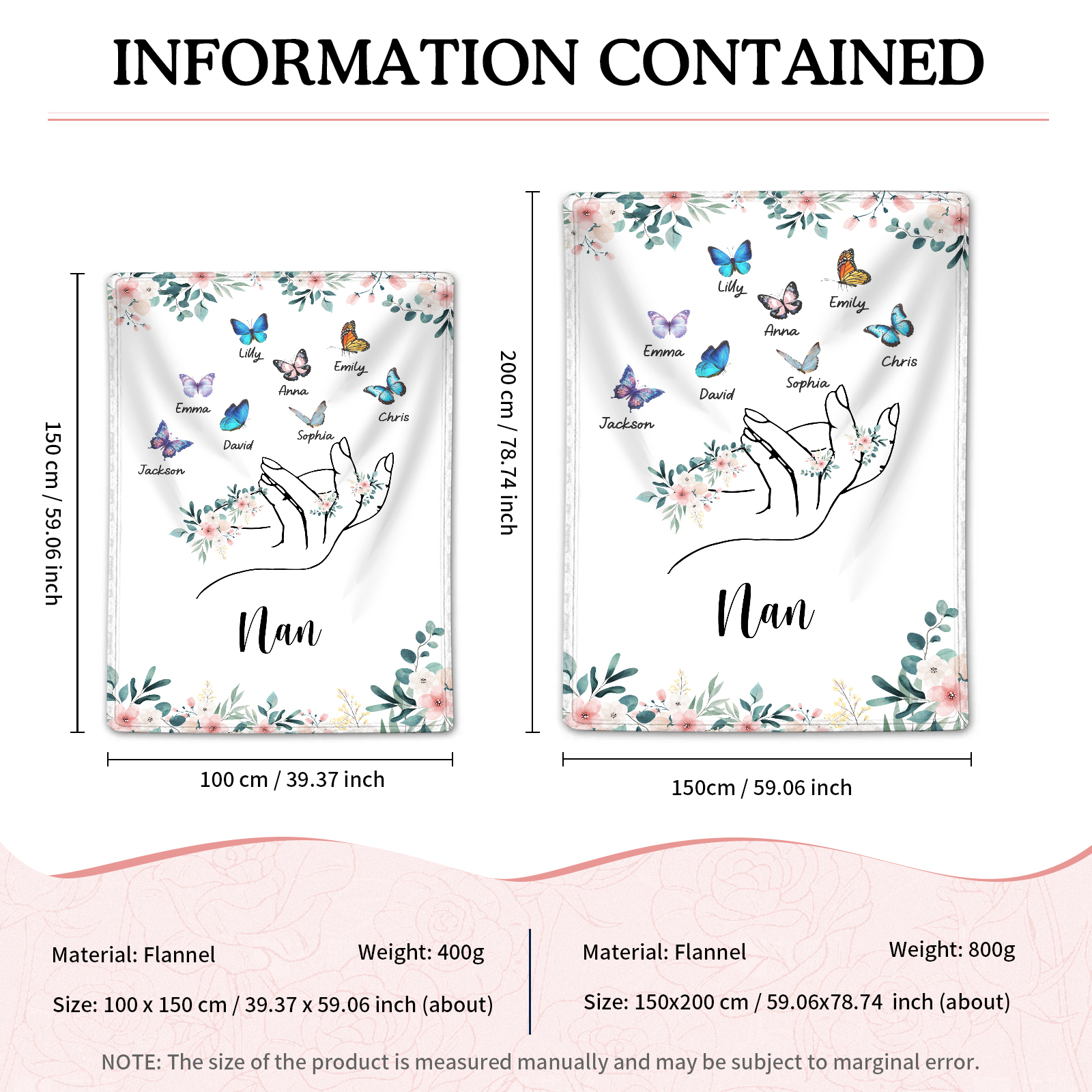 Personalised Butterfly Family Blanket - Custom 8 Names with Floral Accents Blanket Gift for Nan | Jessmade