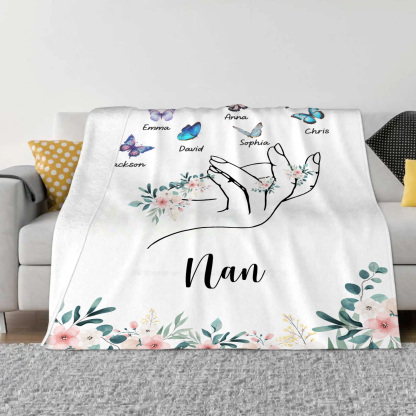 Personalised Butterfly Family Blanket - Custom 8 Names with Floral Accents Blanket Gift for Nan | Jessmade