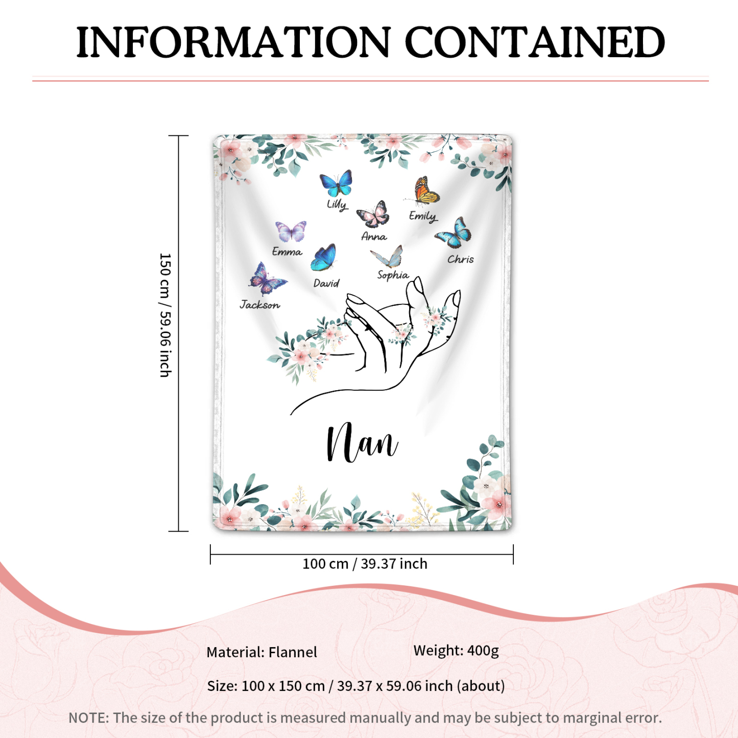 Personalised Butterfly Family Blanket - Custom 8 Names with Floral Accents Blanket Gift for Nan | Jessmade