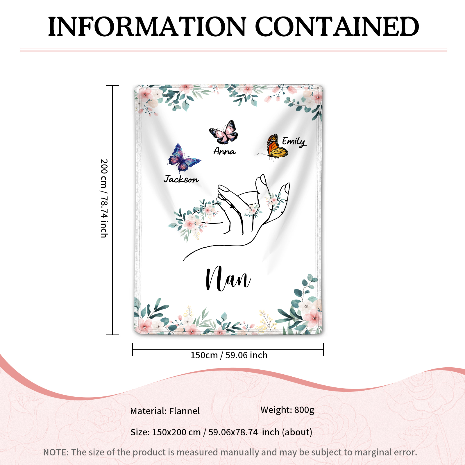 Personalised Butterfly Family Blanket - Custom 3 Names with Floral Accents Blanket Gift for Nan | Jessmade