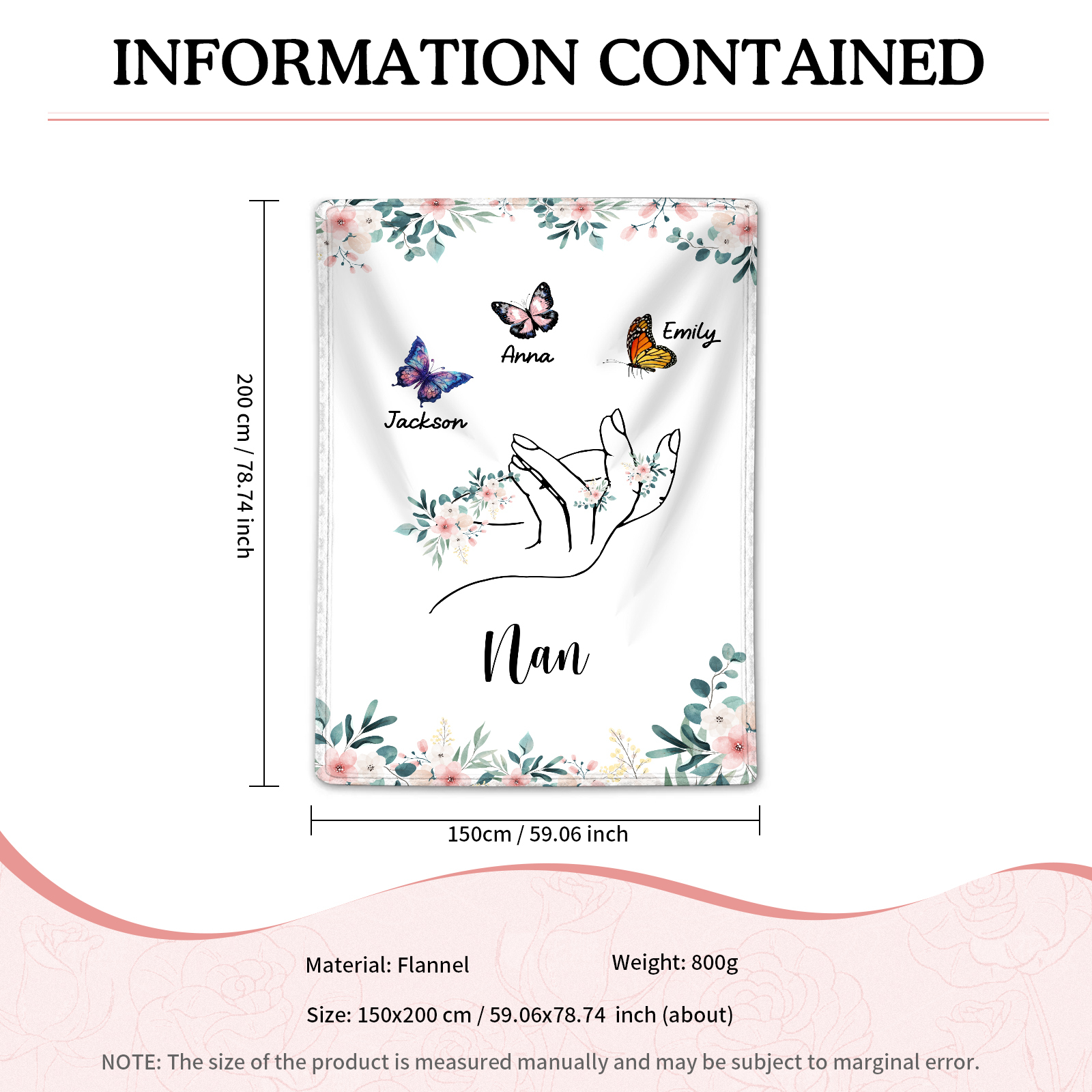 Personalised Butterfly Family Blanket - Custom 3 Names with Floral Accents Blanket Gift for Nan | Jessmade