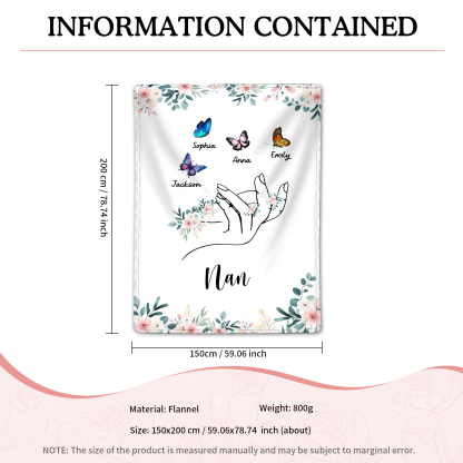 Personalised Butterfly Family Blanket - Custom 4 Names with Floral Accents Blanket Gift for Nan | Jessmade