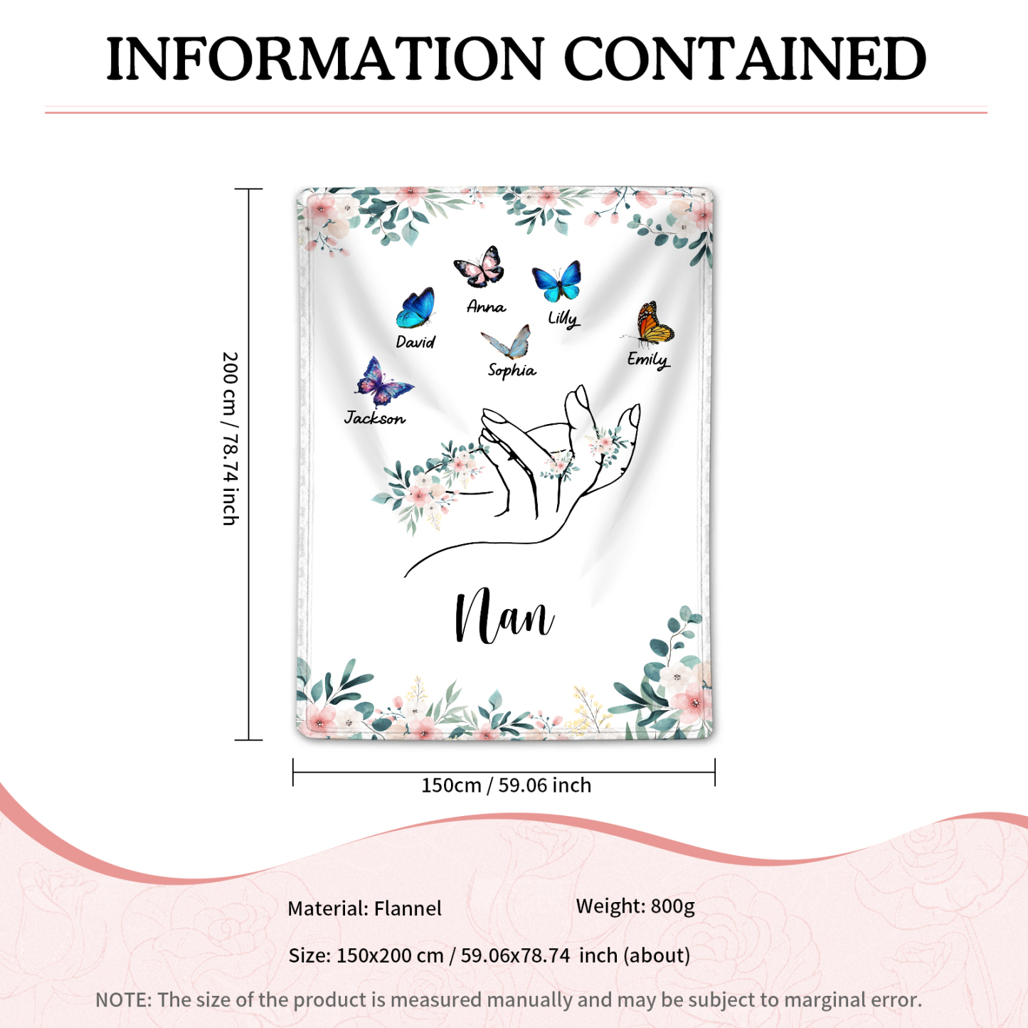 Personalised Butterfly Family Blanket - Custom 6 Names with Floral Accents Blanket Gift for Nan | Jessmade