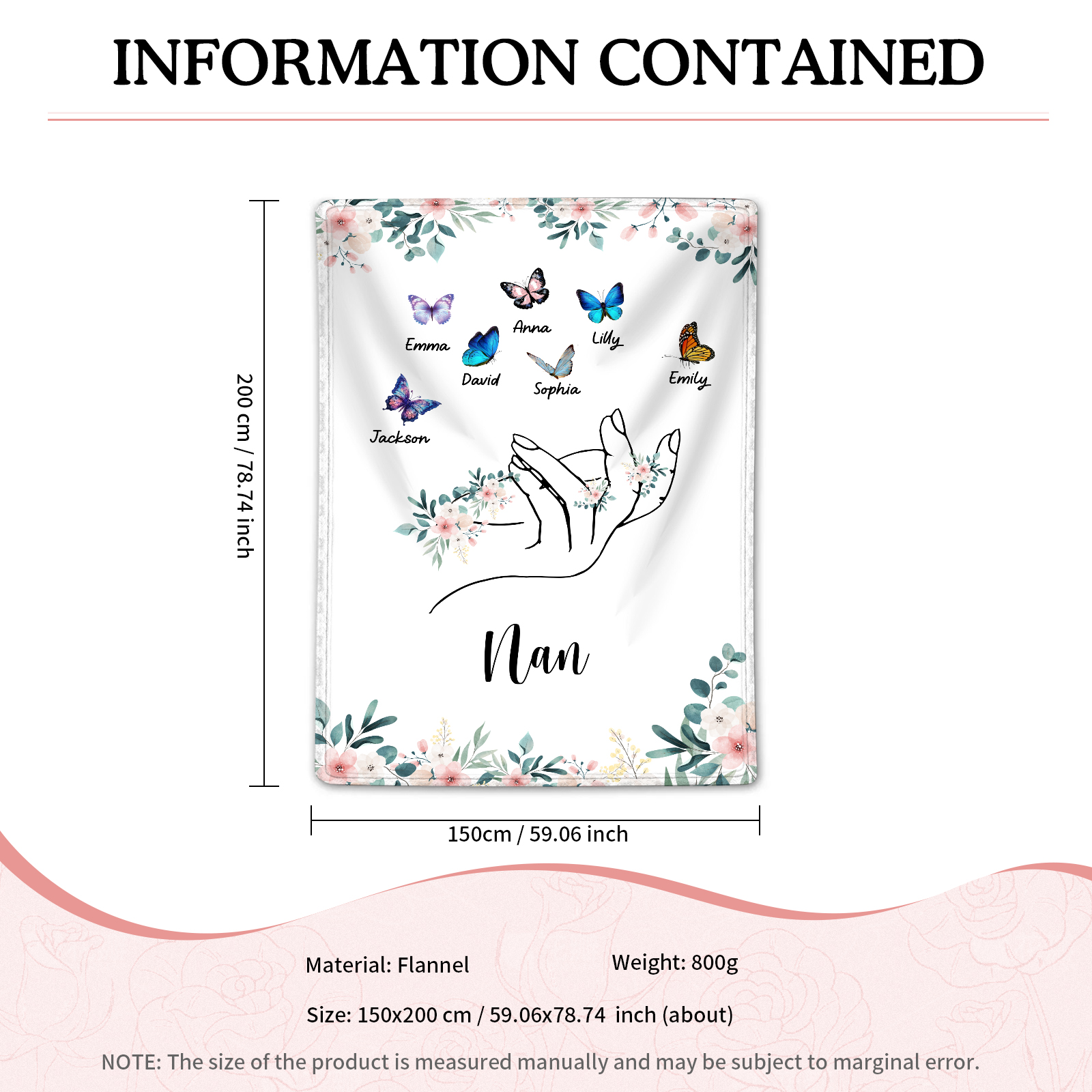 Personalised Butterfly Family Blanket - Custom 7 Names with Floral Accents Blanket Gift for Nan | Jessmade