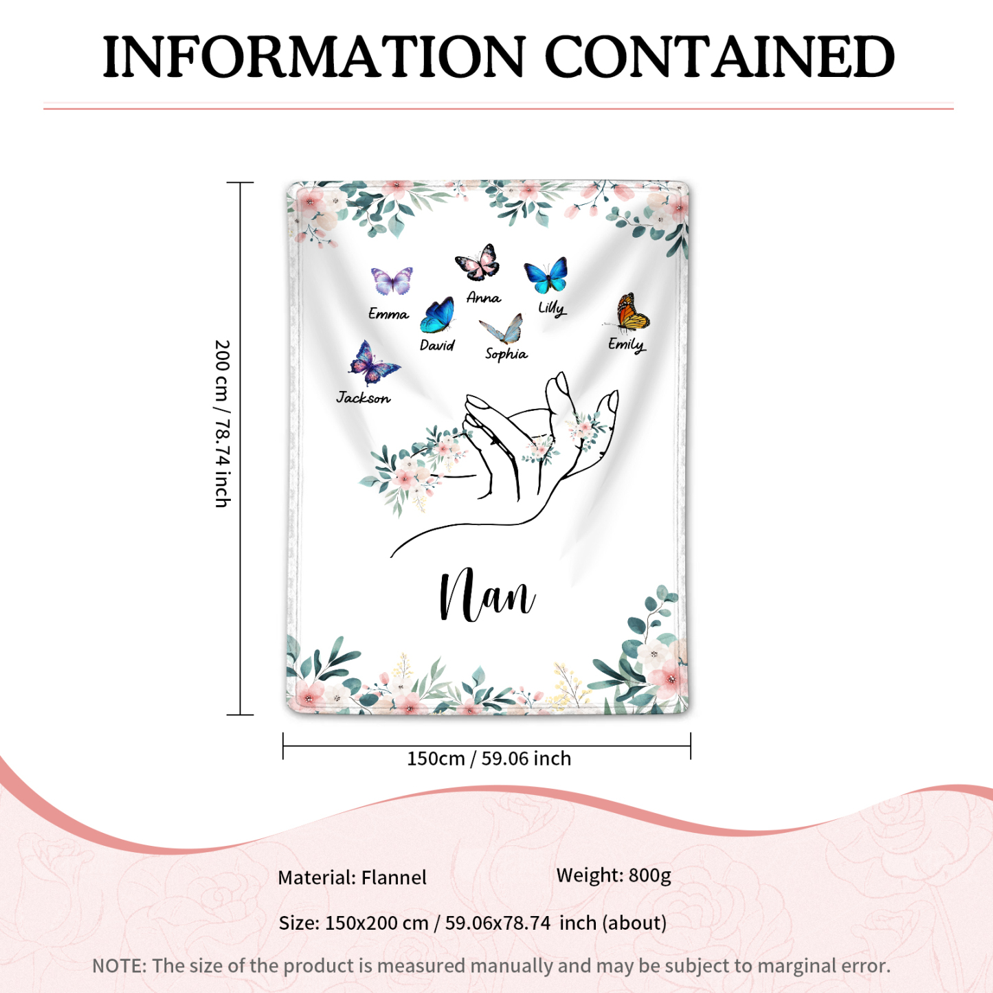 Personalised Butterfly Family Blanket - Custom 7 Names with Floral Accents Blanket Gift for Nan | Jessmade