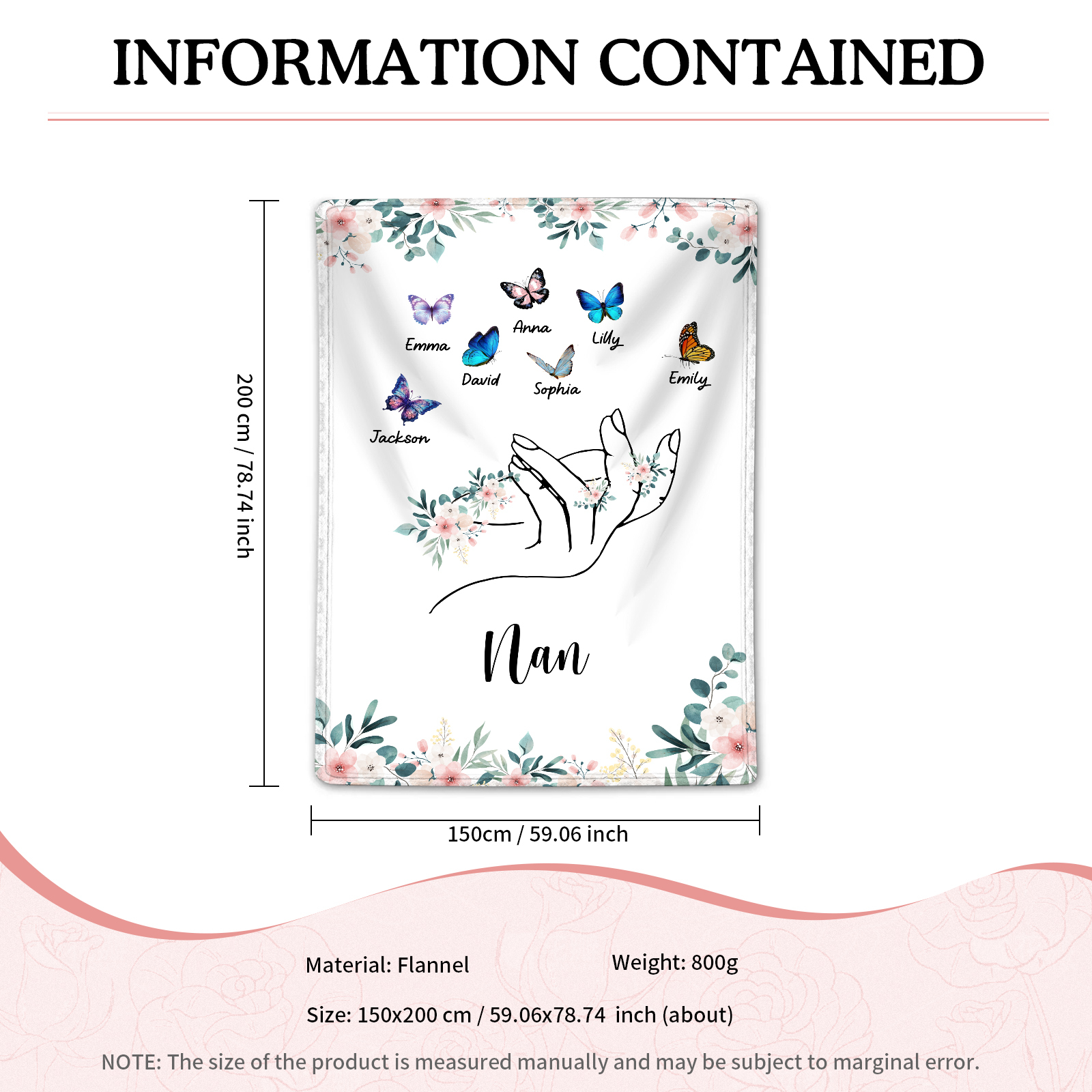 Personalised Butterfly Family Blanket - Custom 7 Names with Floral Accents Blanket Gift for Nan | Jessmade