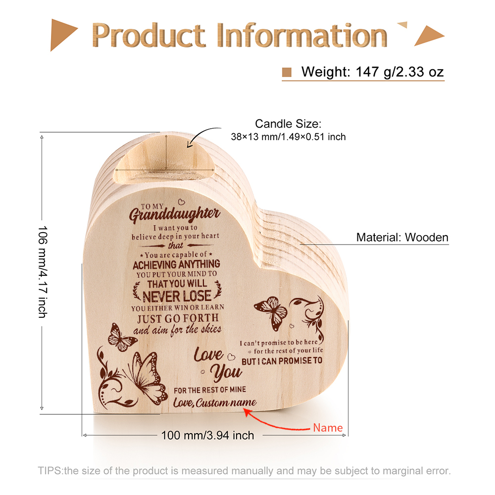 To My Granddaughter Wooden Heart Candle Holder "believe deep in your heart"