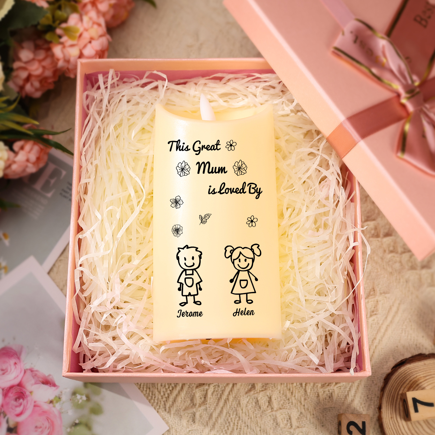 Personalised LED Candle with 2 Names & Gift Box Option – “This Great Mum is Loved By” – Unique Mother's Day Gifts for Her | Jessemade