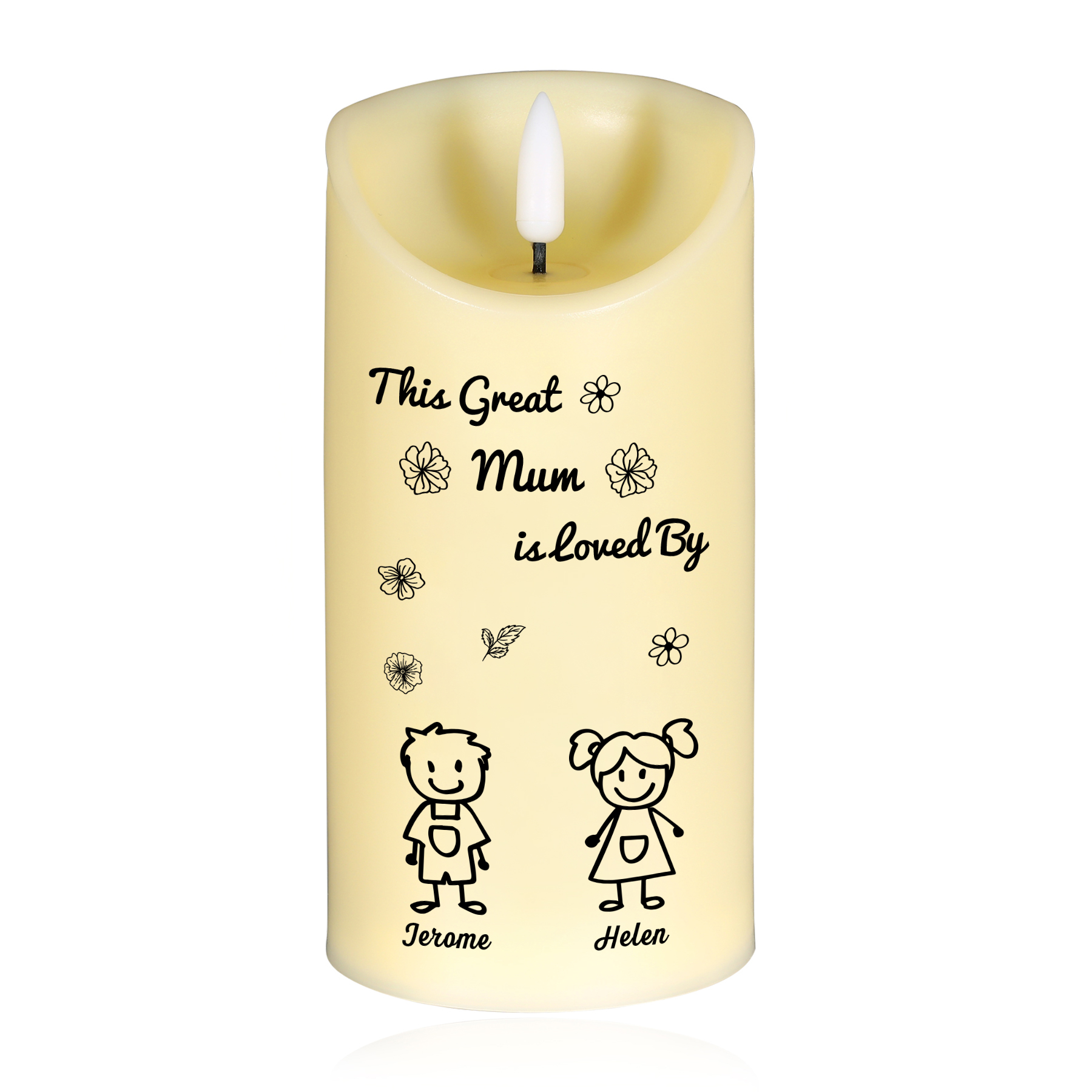 Personalised LED Candle with 2 Names & Gift Box Option – “This Great Mum is Loved By” – Unique Mother's Day Gifts for Her | Jessemade