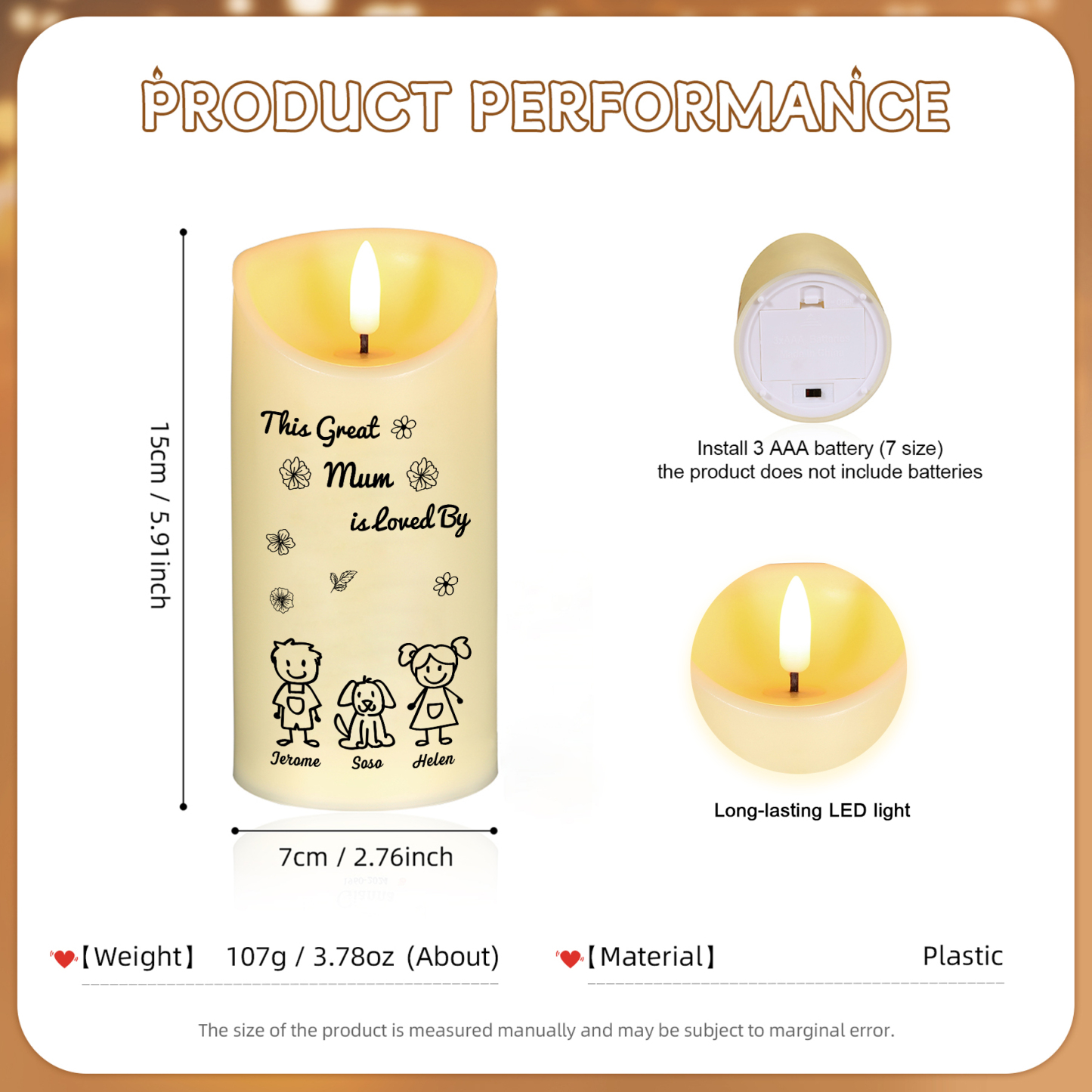 Personalised LED Candle with 3 Names & Gift Box Option – “This Great Mum is Loved By” – Unique Mother's Day Gifts for Her | Jessemade