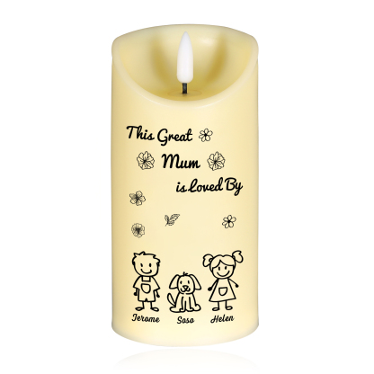 Personalised LED Candle with 3 Names & Gift Box Option – “This Great Mum is Loved By” – Unique Mother's Day Gifts for Her | Jessemade