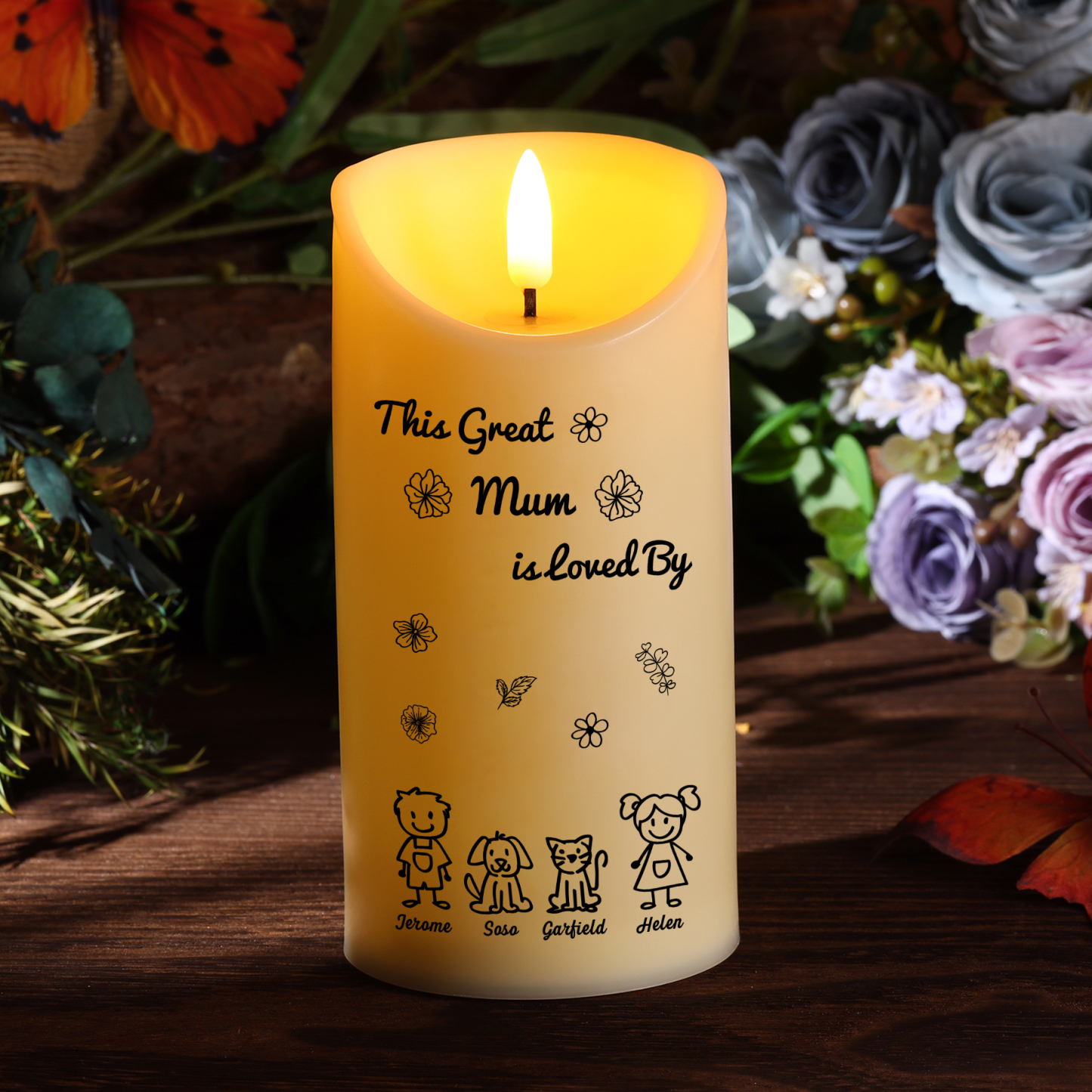 Personalised LED Candle with 4 Names & Gift Box Option – “This Great Mum is Loved By” – Unique Mother's Day Gifts for Her | Jessemade