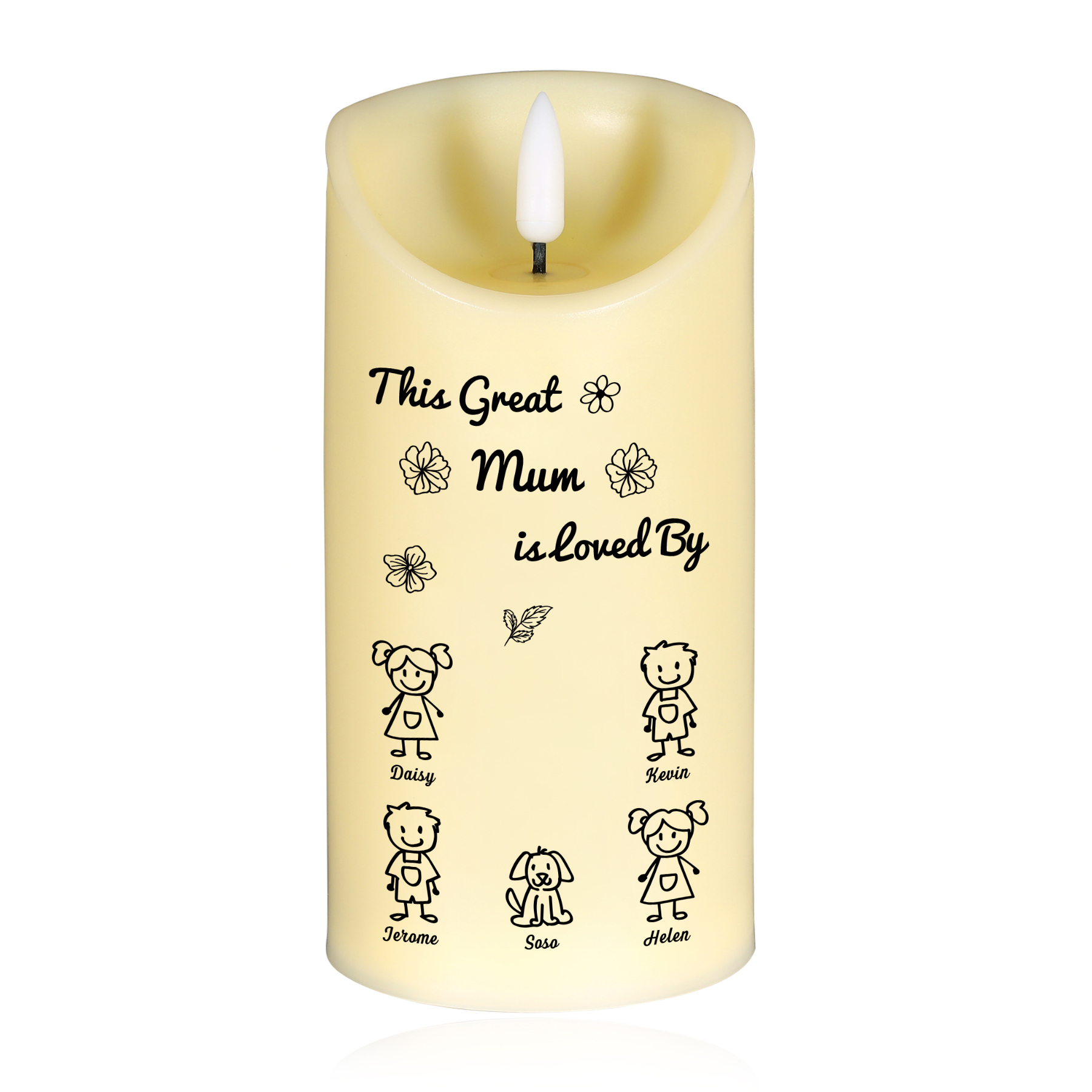 Personalised LED Candle with 5 Names & Gift Box Option – “This Great Mum is Loved By” – Unique Mother's Day Gifts for Her | Jessemade