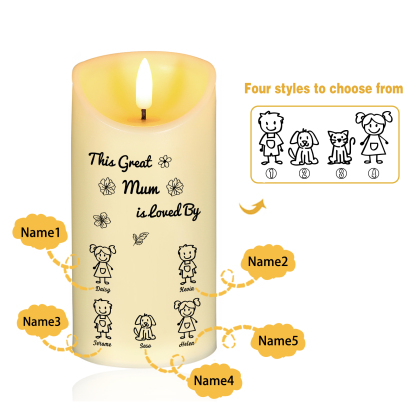 Personalised LED Candle with 5 Names & Gift Box Option – “This Great Mum is Loved By” – Unique Mother's Day Gifts for Her | Jessemade