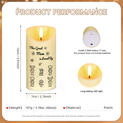 Personalised LED Candle with 6 Names & Gift Box Option – “This Great Mum is Loved By” – Unique Mother's Day Gifts for Her | Jessemade