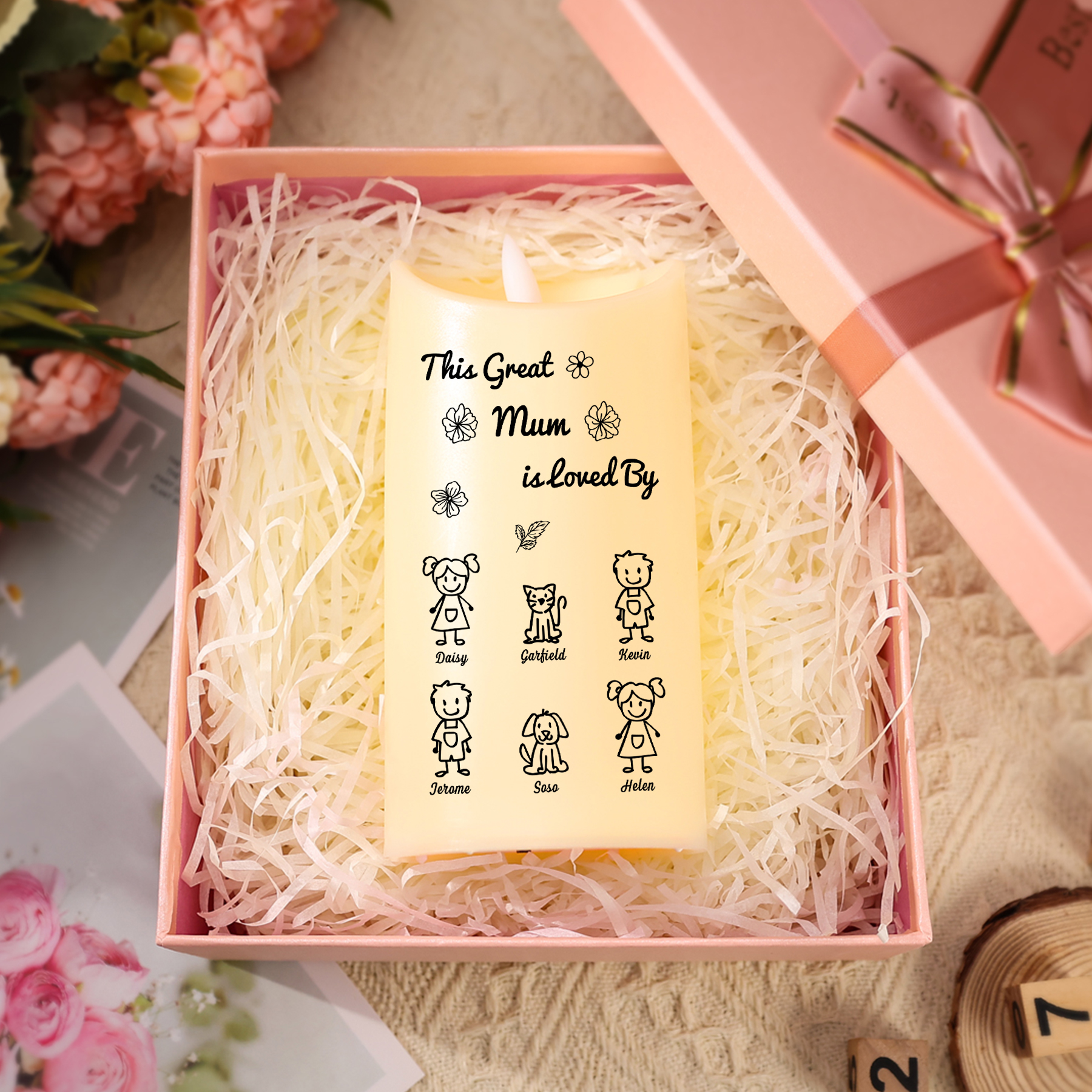 Personalised LED Candle with 6 Names & Gift Box Option – “This Great Mum is Loved By” – Unique Mother's Day Gifts for Her | Jessemade