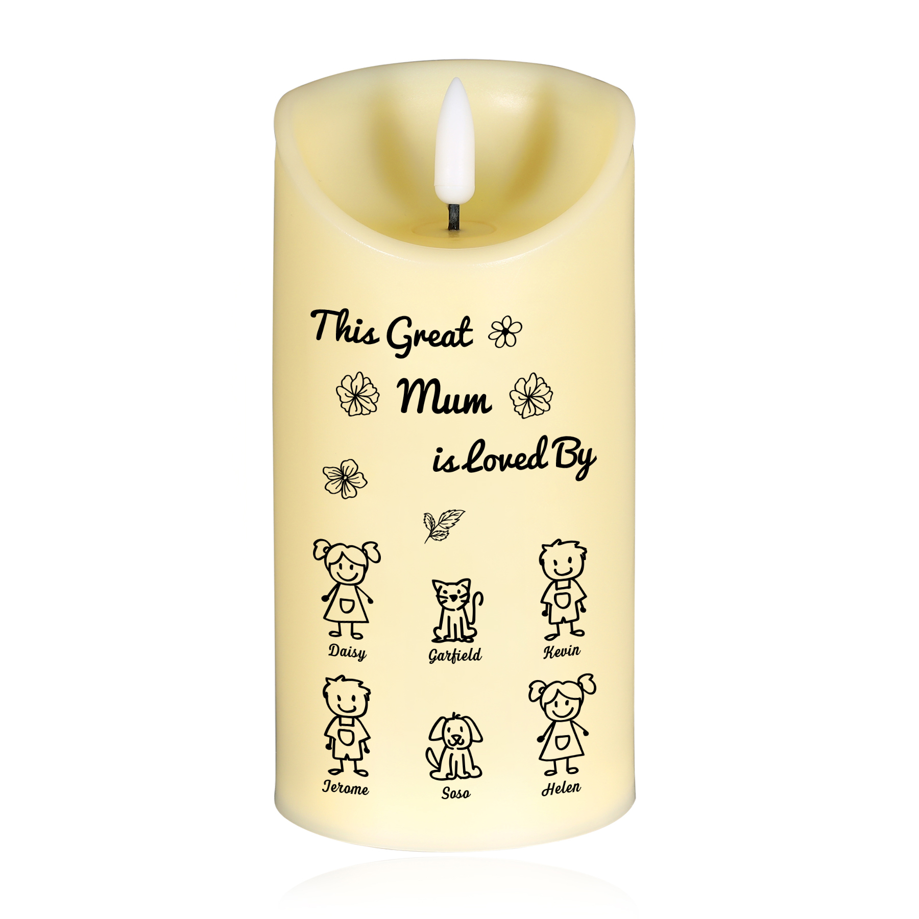 Personalised LED Candle with 6 Names & Gift Box Option – “This Great Mum is Loved By” – Unique Mother's Day Gifts for Her | Jessemade