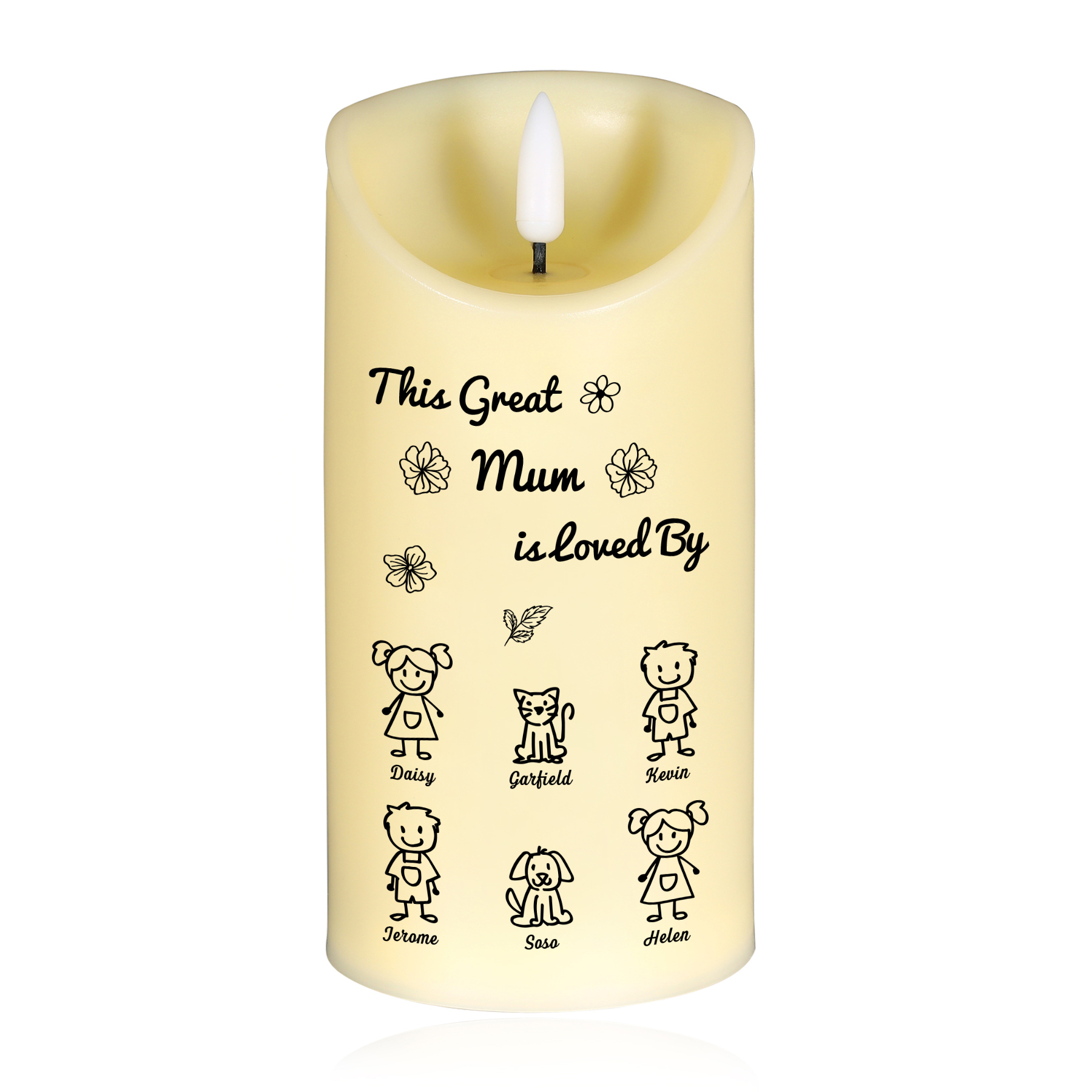 Personalised LED Candle with 6 Names & Gift Box Option – “This Great Mum is Loved By” – Unique Mother's Day Gifts for Her | Jessemade
