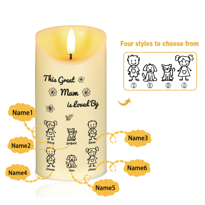 Personalised LED Candle with 6 Names & Gift Box Option – “This Great Mum is Loved By” – Unique Mother's Day Gifts for Her | Jessemade