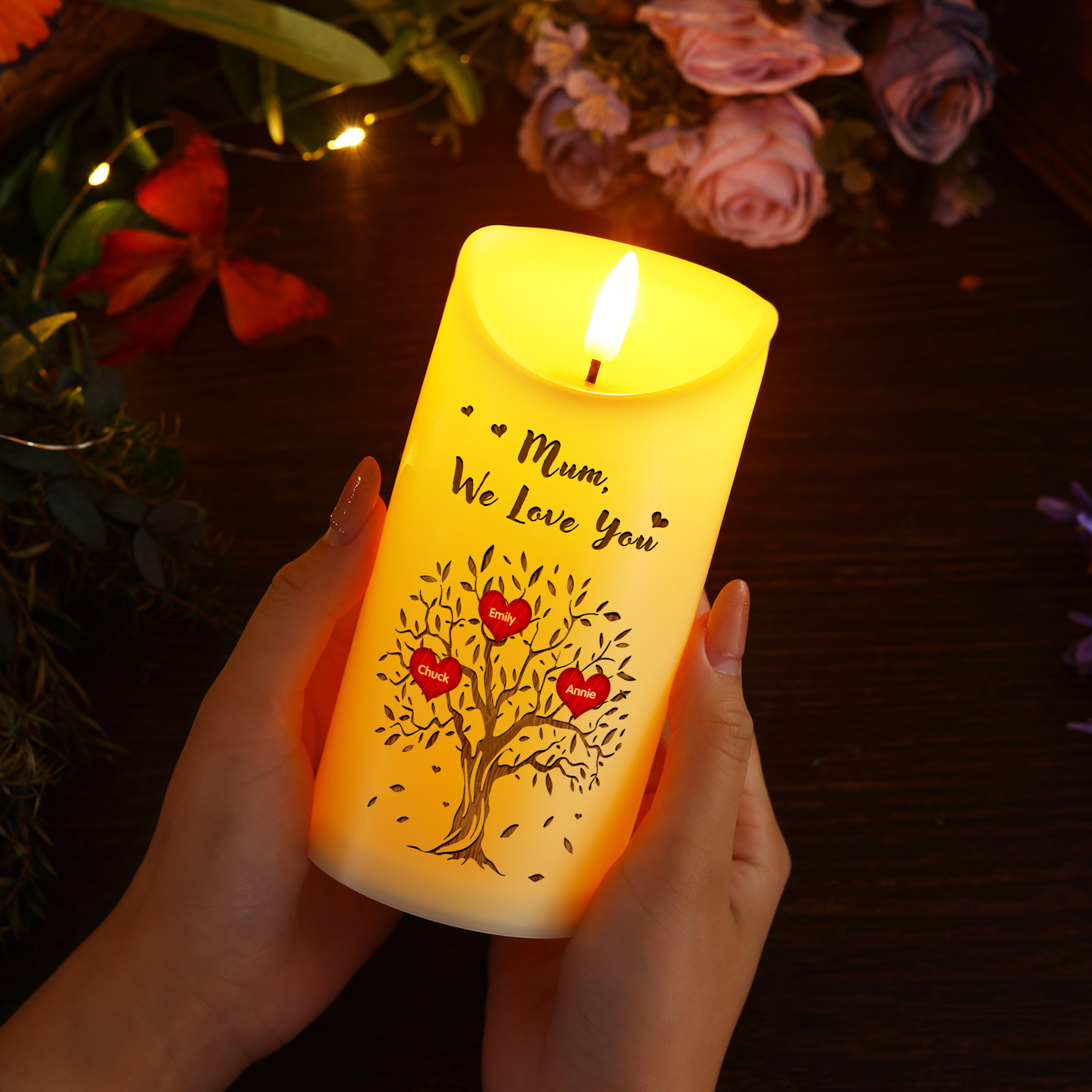 Personalised LED Candle with 3 Names & Gift Box Option – “Mum, We Love You” – Unique Mother’s Day Gifts for Her | Jessemade