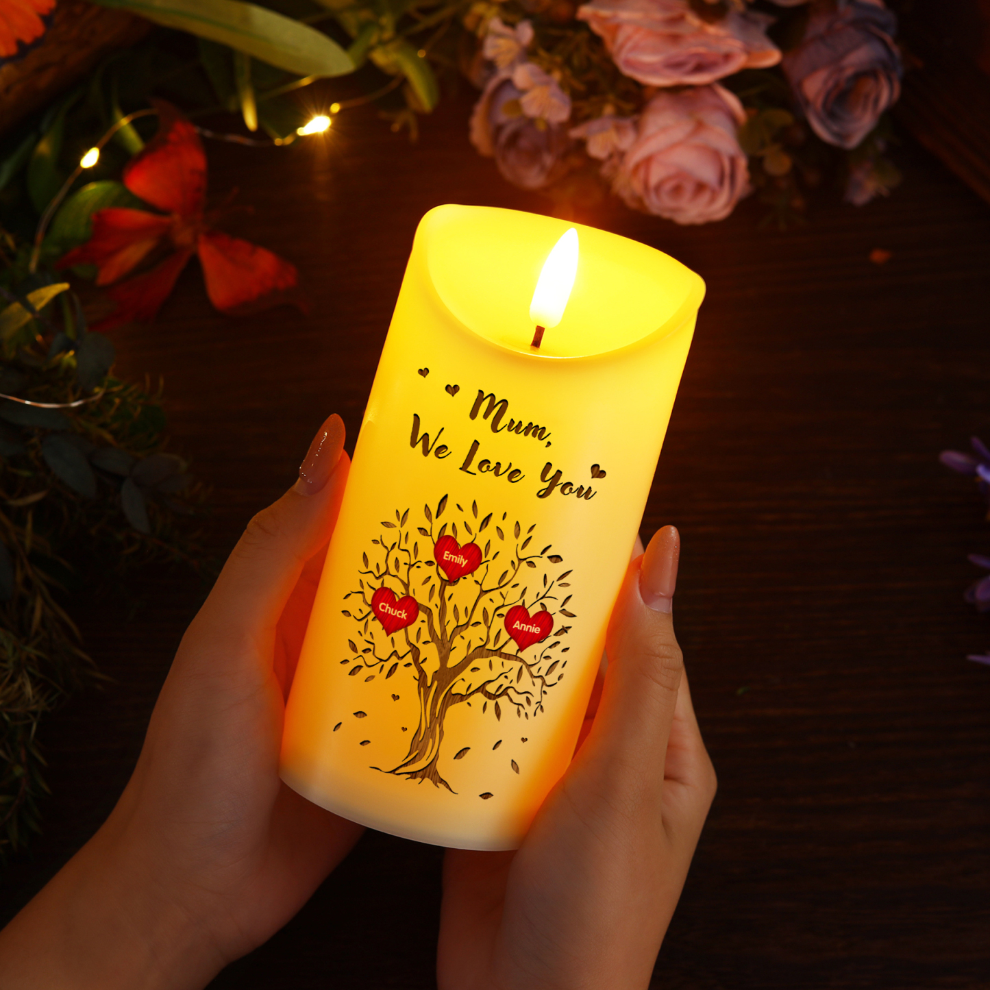 Personalised LED Candle with 3 Names & Gift Box Option – “Mum, We Love You” – Unique Mother’s Day Gifts for Her | Jessemade
