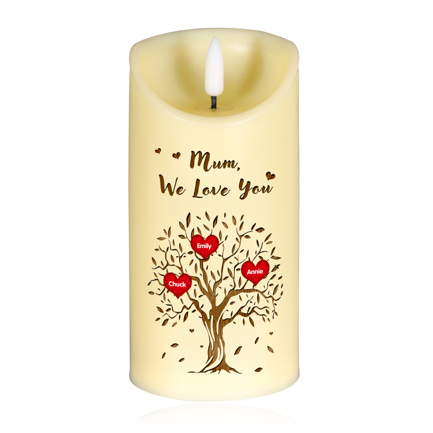 Personalised LED Candle with 3 Names & Gift Box Option – “Mum, We Love You” – Unique Mother’s Day Gifts for Her | Jessemade
