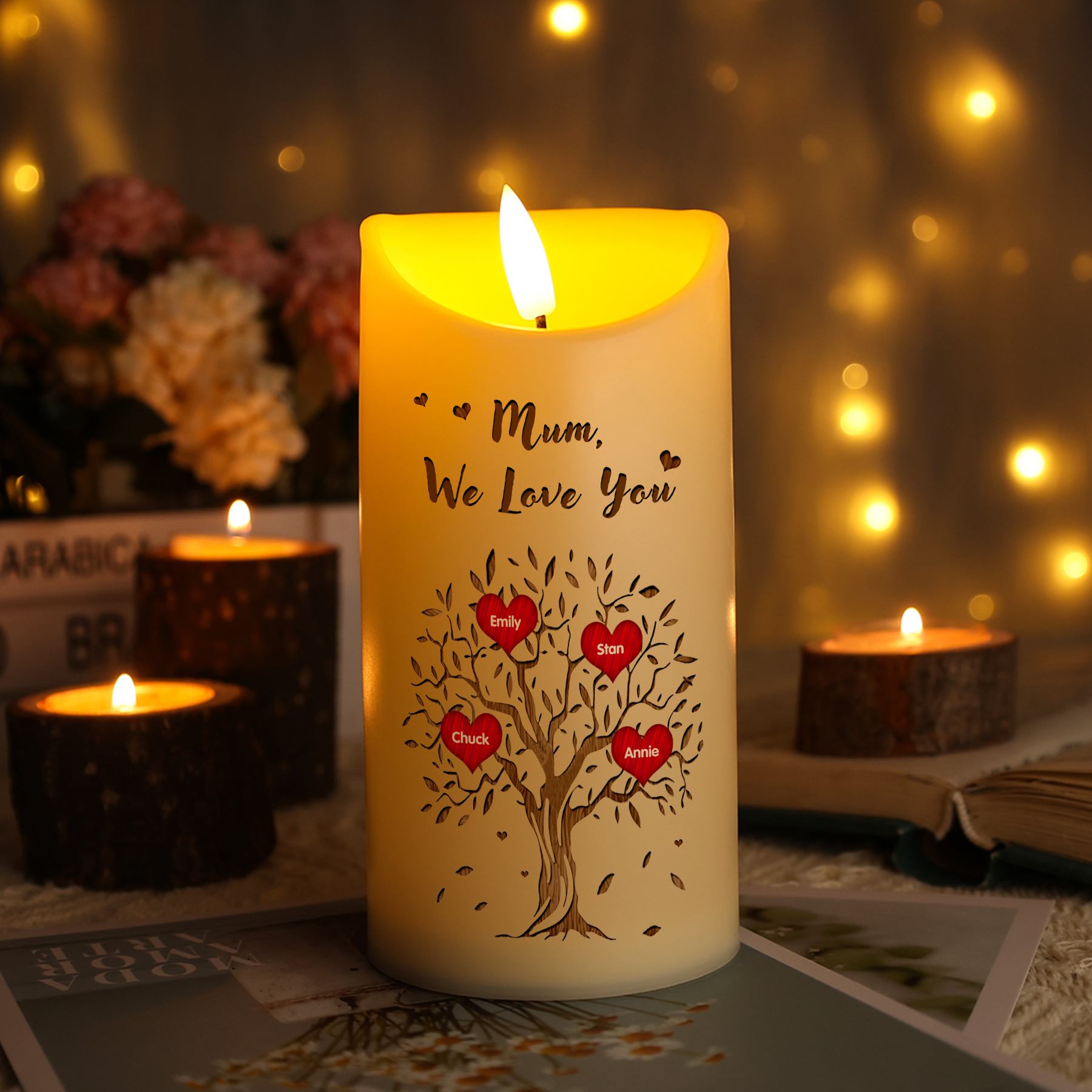 Personalised LED Candle with 4 Names, 1 Text & Gift Box Option – “Mum,