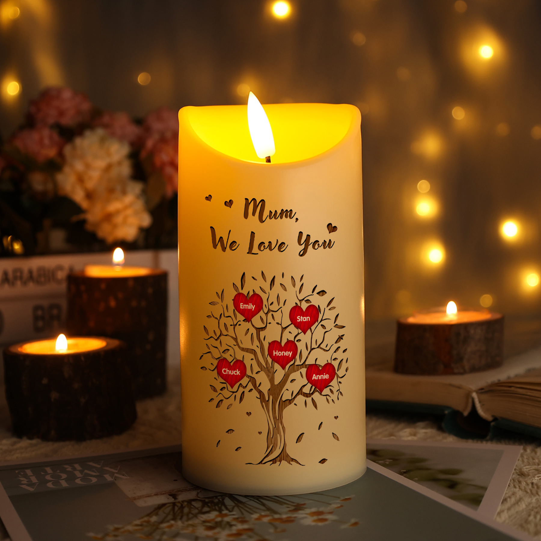 Personalised LED Candle with 5 Names, 1 Text & Gift Box Option – “Mum,