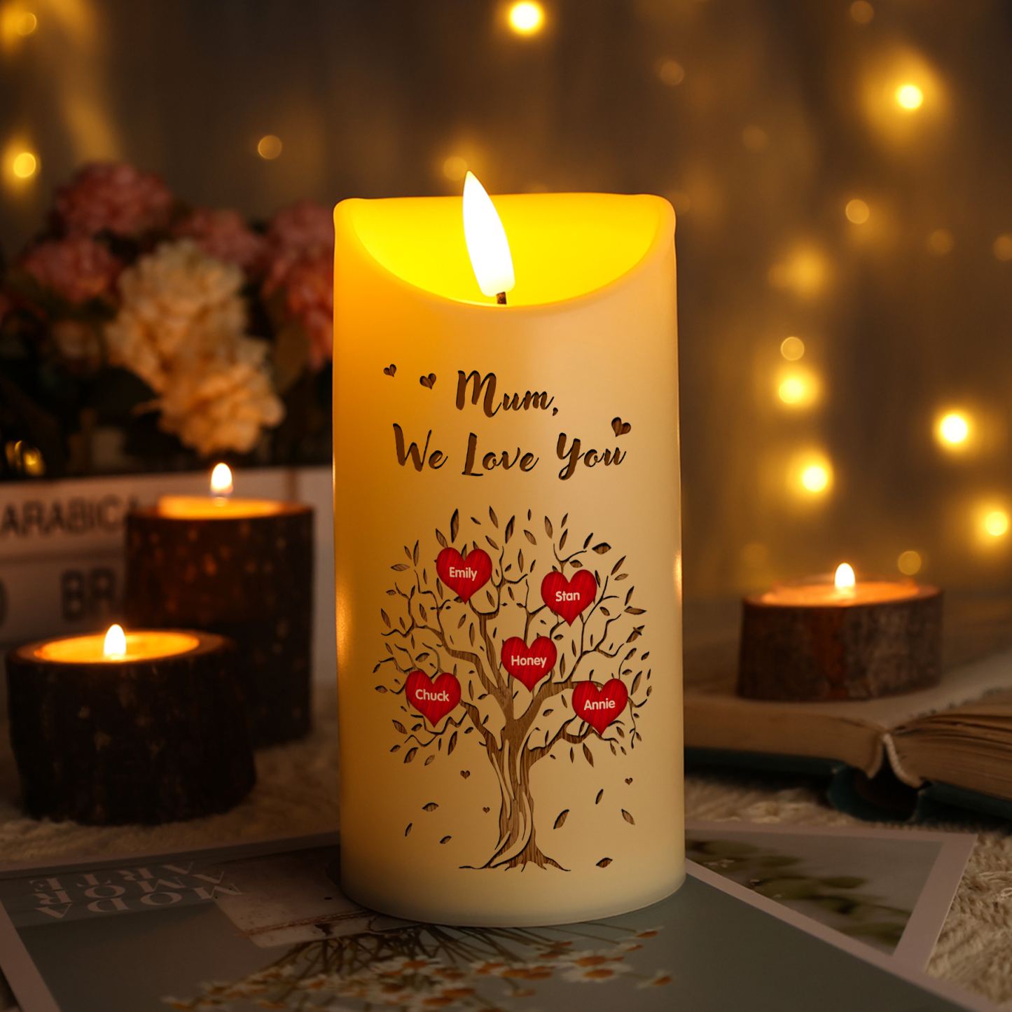 Personalised LED Candle with 5 Names, 1 Text & Gift Box Option – “Mum,