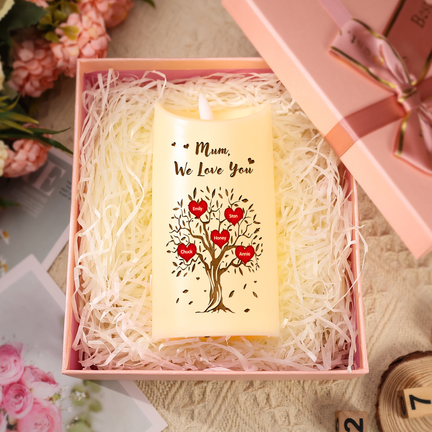 Personalised LED Candle with 5 Names, 1 Text & Gift Box Option – “Mum, We Love You” – Unique Mother’s Day Gifts for Her | Jessemade