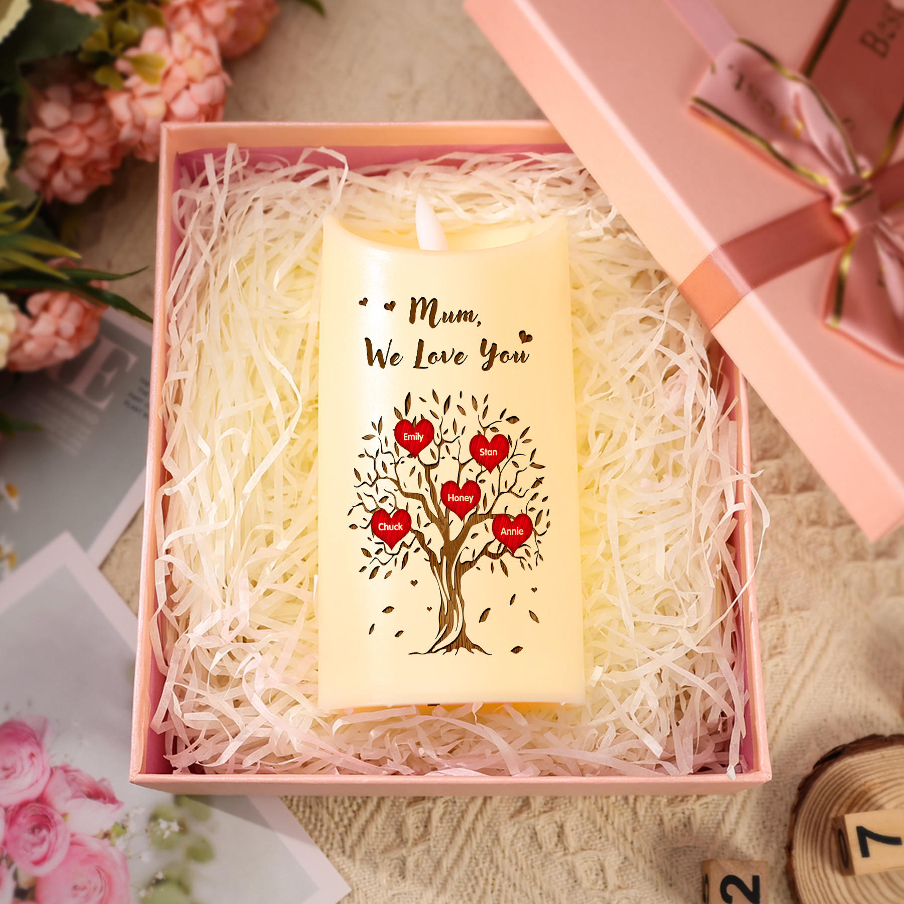 Personalised LED Candle with 5 Names, 1 Text & Gift Box Option – “Mum, We Love You” – Unique Mother’s Day Gifts for Her | Jessemade