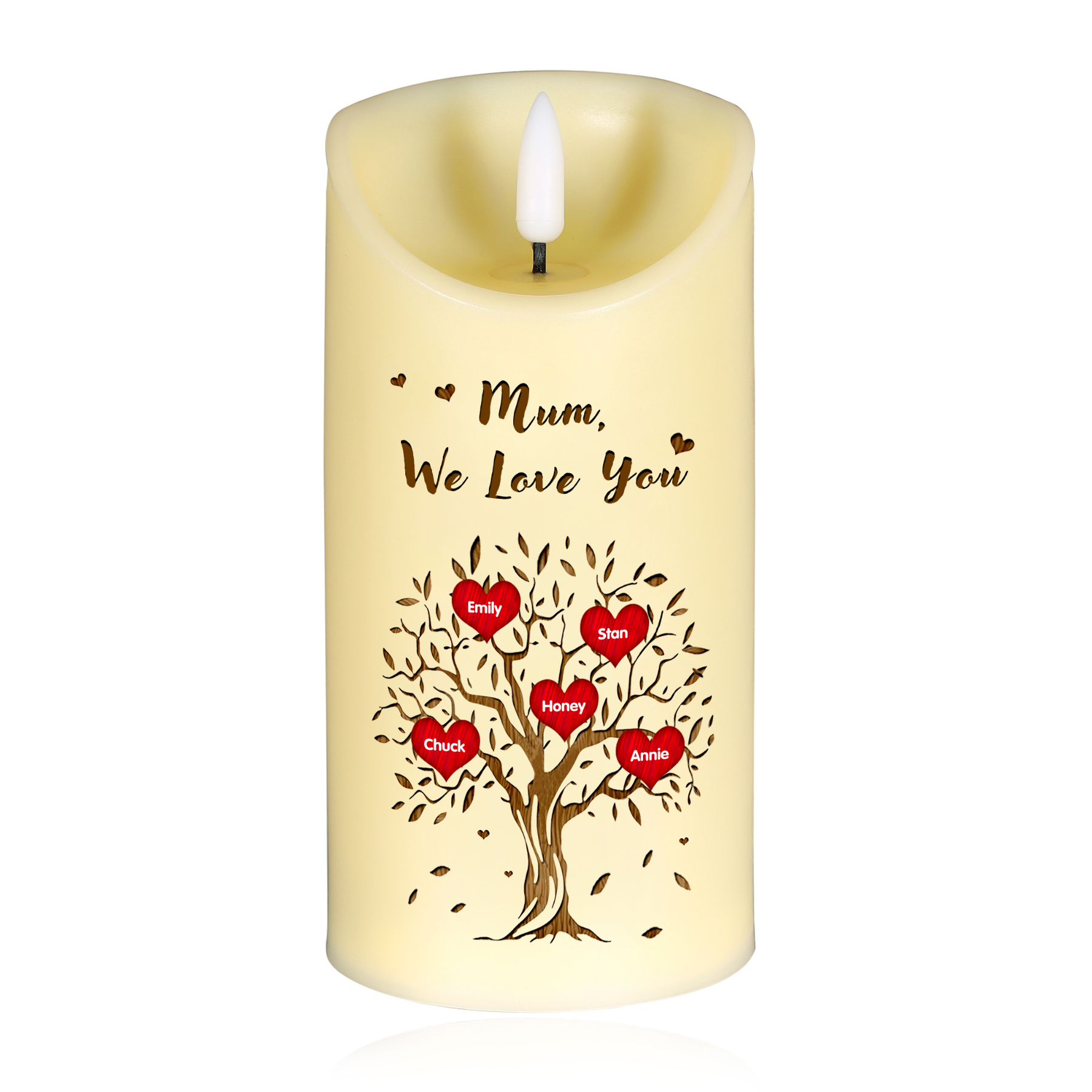 Personalised LED Candle with 5 Names, 1 Text & Gift Box Option – “Mum, We Love You” – Unique Mother’s Day Gifts for Her | Jessemade