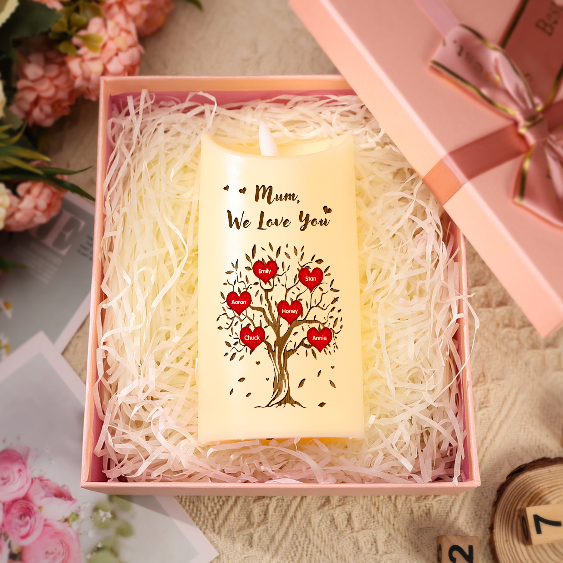 Personalised LED Candle with 6 Names, 1 Text & Gift Box Option – “Mum, We Love You” – Unique Mother’s Day Gifts for Her | Jessemade