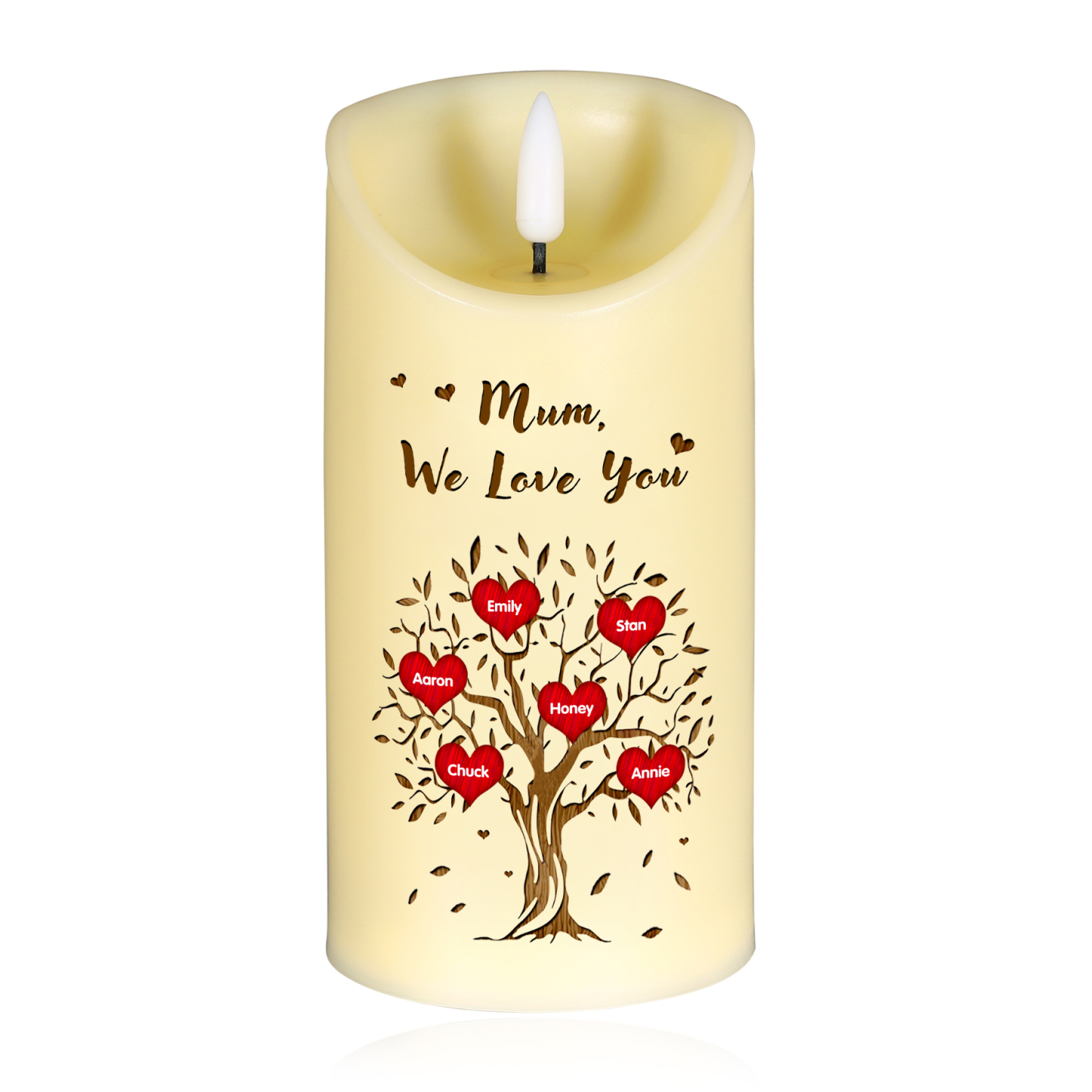 Personalised LED Candle with 6 Names, 1 Text & Gift Box Option – “Mum, We Love You” – Unique Mother’s Day Gifts for Her | Jessemade