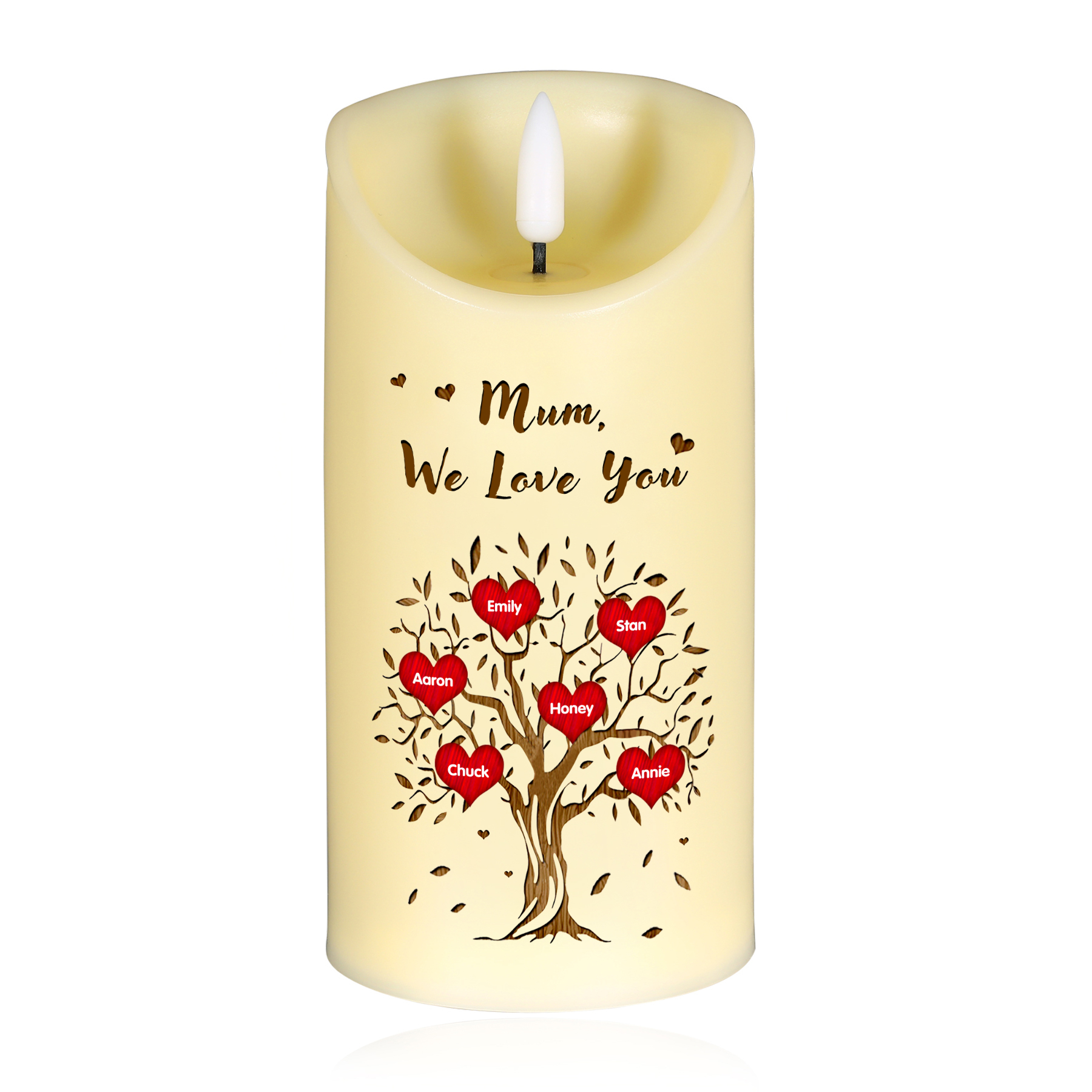 Personalised LED Candle with 6 Names, 1 Text & Gift Box Option – “Mum, We Love You” – Unique Mother’s Day Gifts for Her | Jessemade