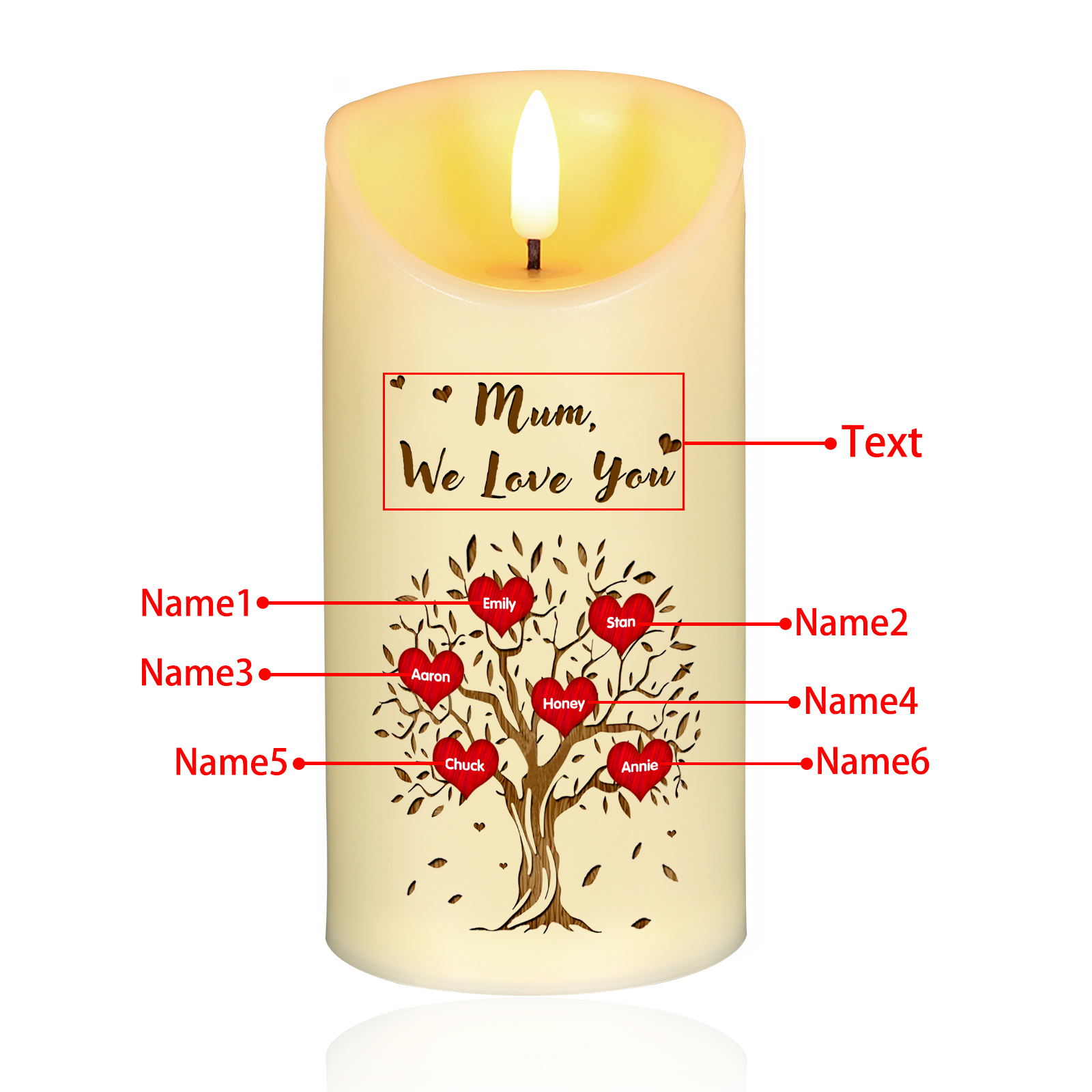 Personalised LED Candle with 6 Names, 1 Text & Gift Box Option – “Mum, We Love You” – Unique Mother’s Day Gifts for Her | Jessemade