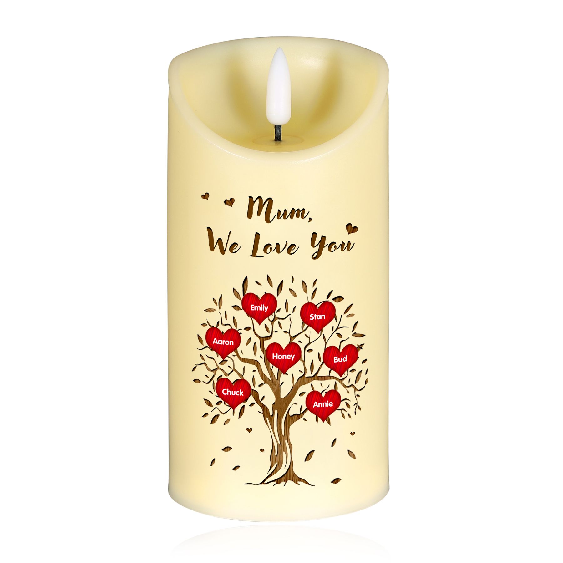 Personalised LED Candle with 7 Names, 1 Text & Gift Box Option – “Mum, We Love You” – Unique Mother’s Day Gifts for Her | Jessemade