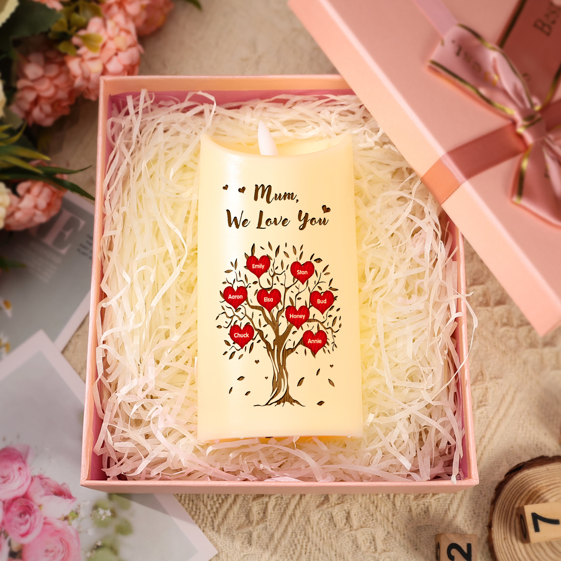 Personalised LED Candle with 8 Names, 1 Text & Gift Box Option – “Mum, We Love You” – Unique Mother’s Day Gifts for Her | Jessemade