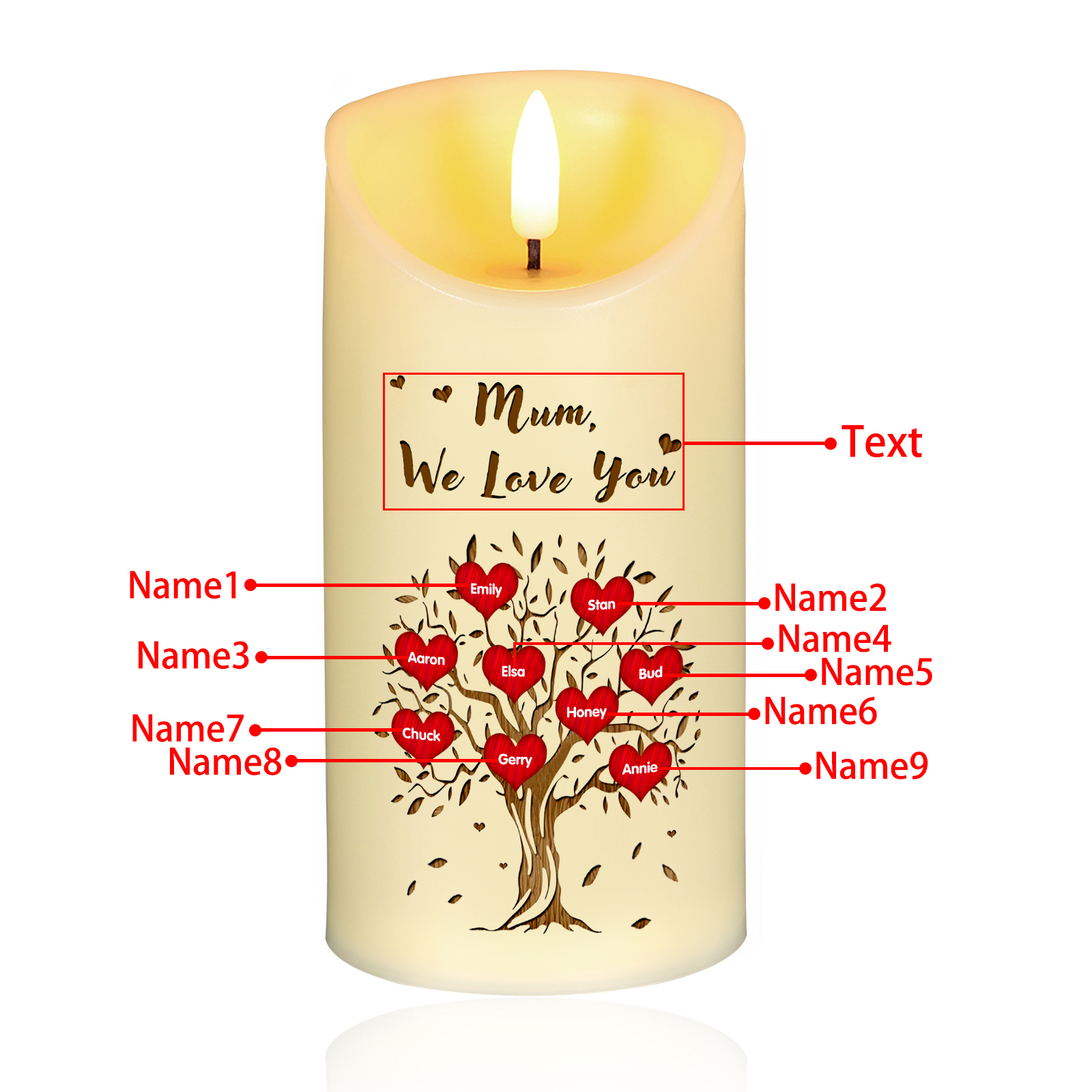Personalised LED Candle with 9 Names, 1 Text & Gift Box Option – “Mum, We Love You” – Unique Mother’s Day Gifts for Her | Jessemade