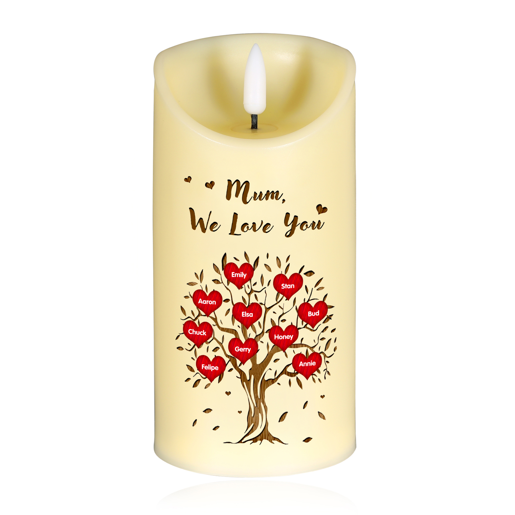 Personalised LED Candle with 10 Names, 1 Text & Gift Box Option – “Mum, We Love You” – Unique Mother’s Day Gifts for Her | Jessemade