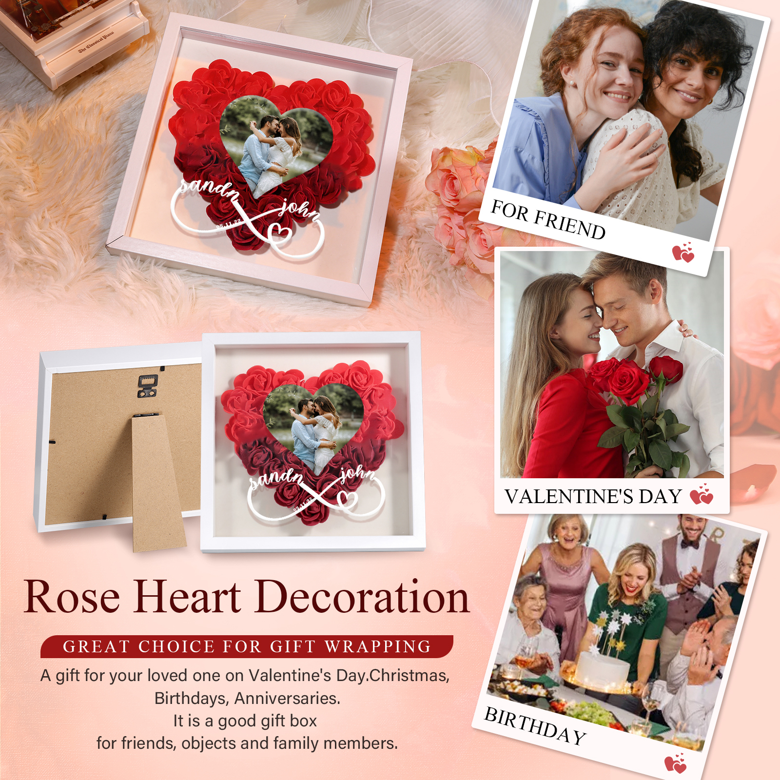 Personalized Rose Heart-shaped Shadow Box, Customized Photo & Name & Date Flower Shadow Box, Gift for Wife