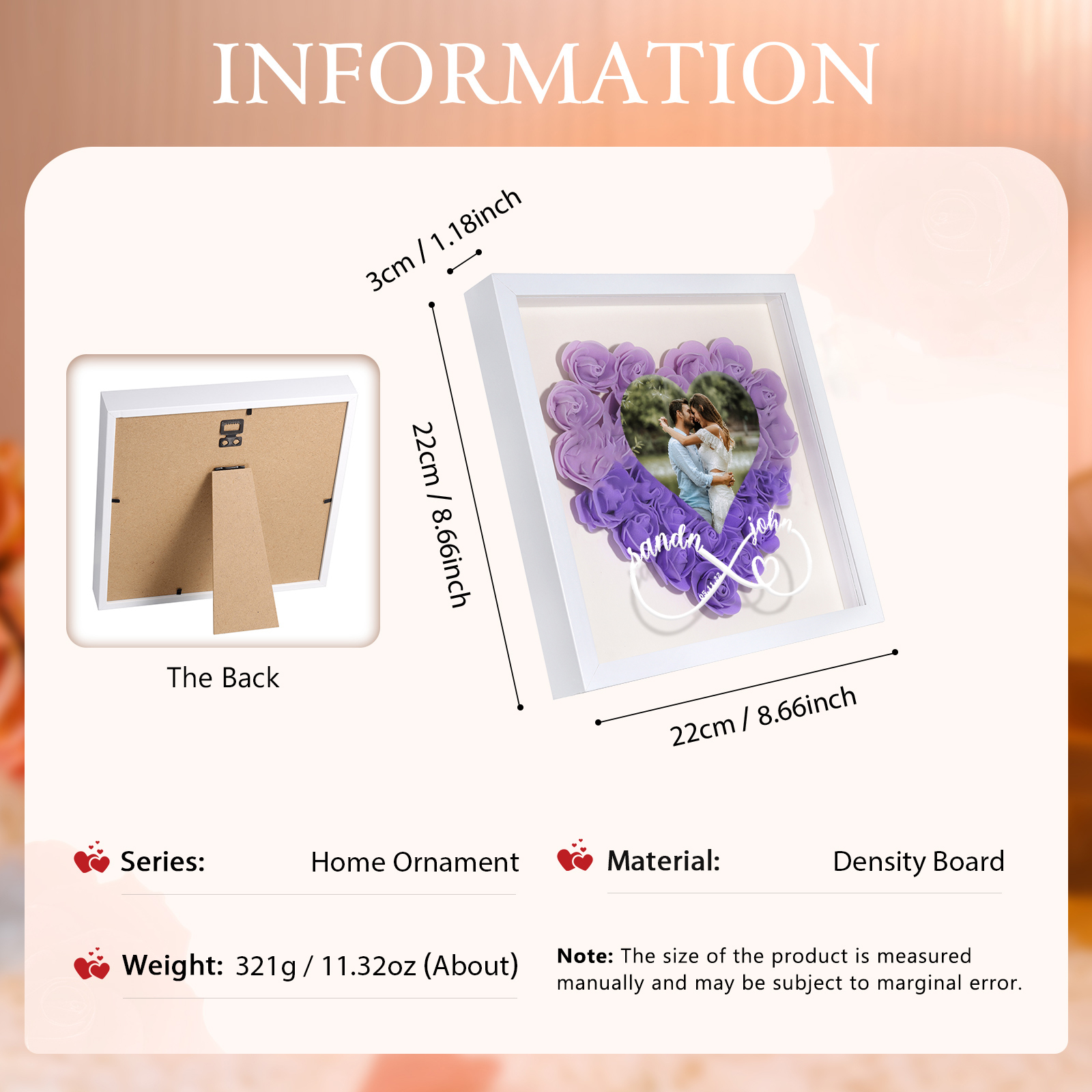 Personalized Rose Heart-shaped Shadow Box, Customized Photo & Name & Date Flower Shadow Box, Gift for Wife