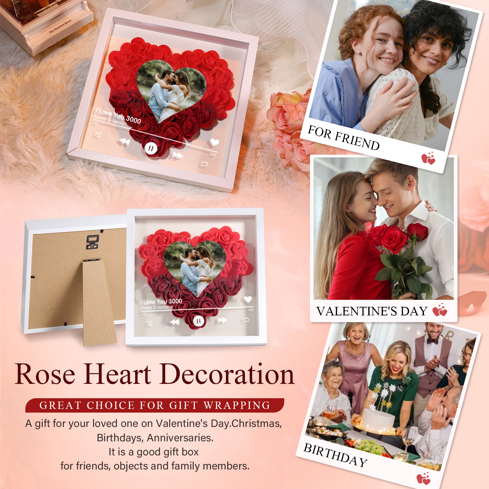 Personalised Photo Frame Heart Shaped - Custom 2 Names & 1 Photo & 1 Text with Red Rose and Couples Special Song Design Gift for Her/Him | Jessemade 