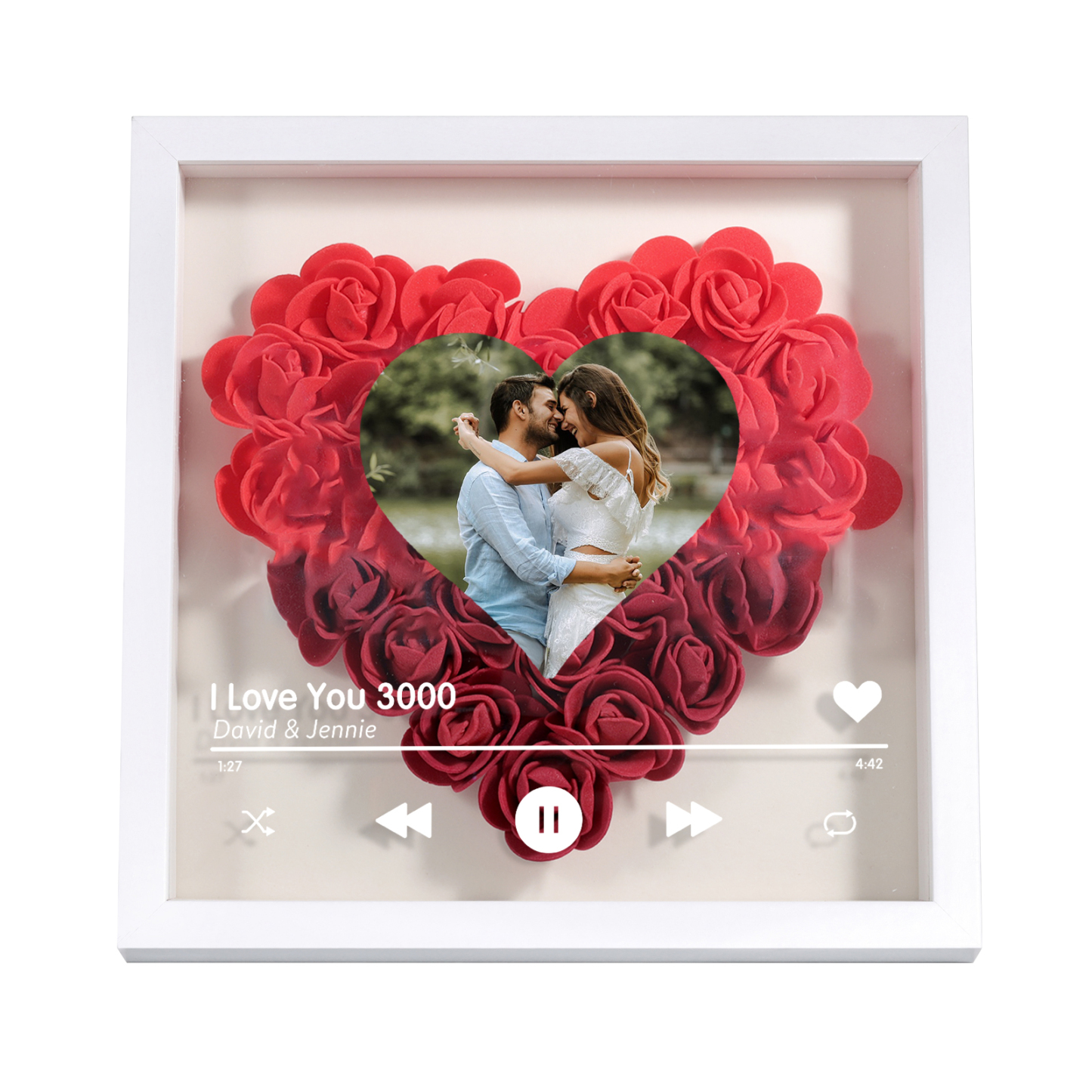 Personalised Photo Frame Heart Shaped - Custom 2 Names & 1 Photo & 1 Text with Red Rose and Couples Special Song Design Gift for Her/Him | Jessemade 