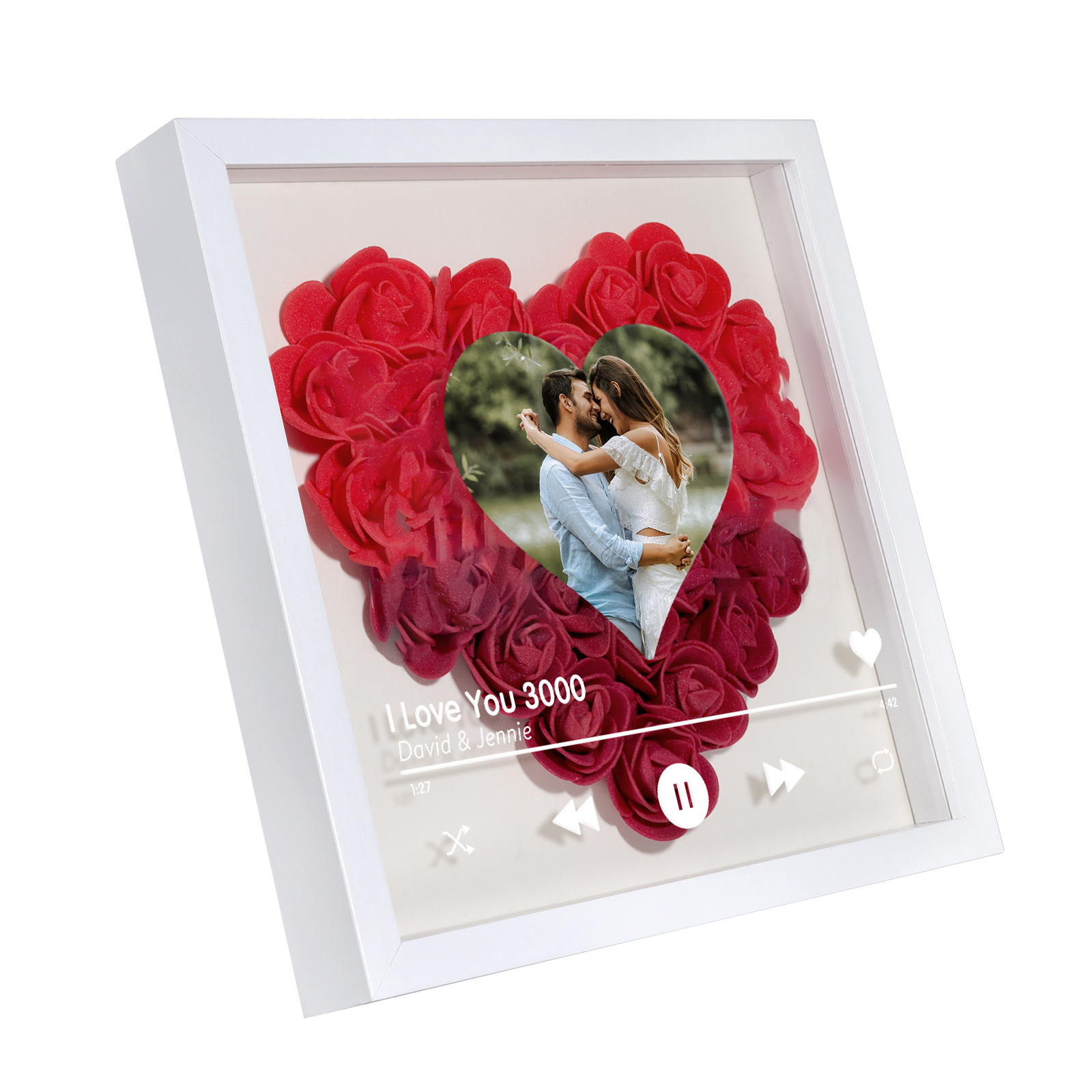 Personalised Photo Frame Heart Shaped - Custom 2 Names & 1 Photo & 1 Text with Red Rose and Couples Special Song Design Gift for Her/Him | Jessemade 