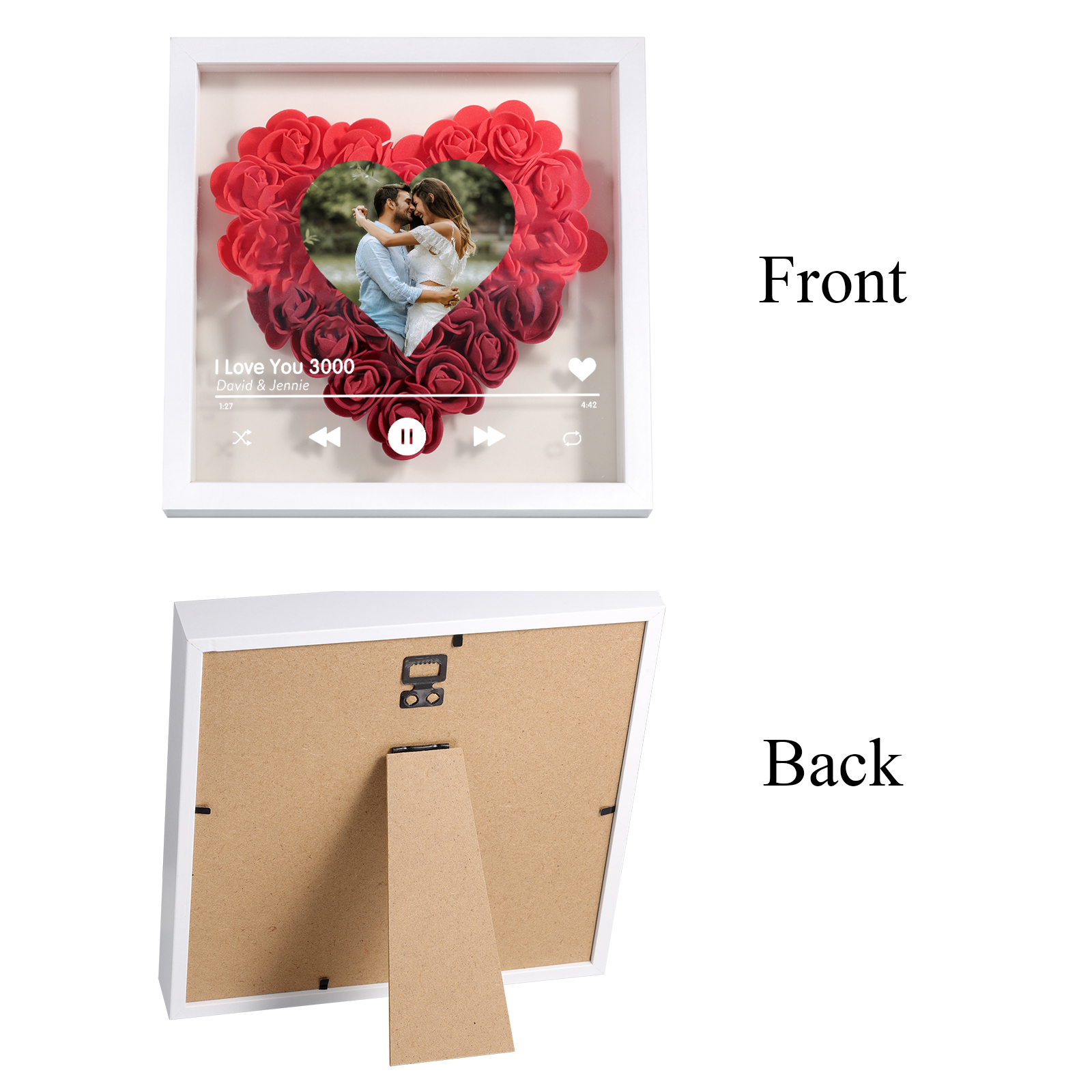 Personalised Photo Frame Heart Shaped - Custom 2 Names & 1 Photo & 1 Text with Red Rose and Couples Special Song Design Gift for Her/Him | Jessemade 