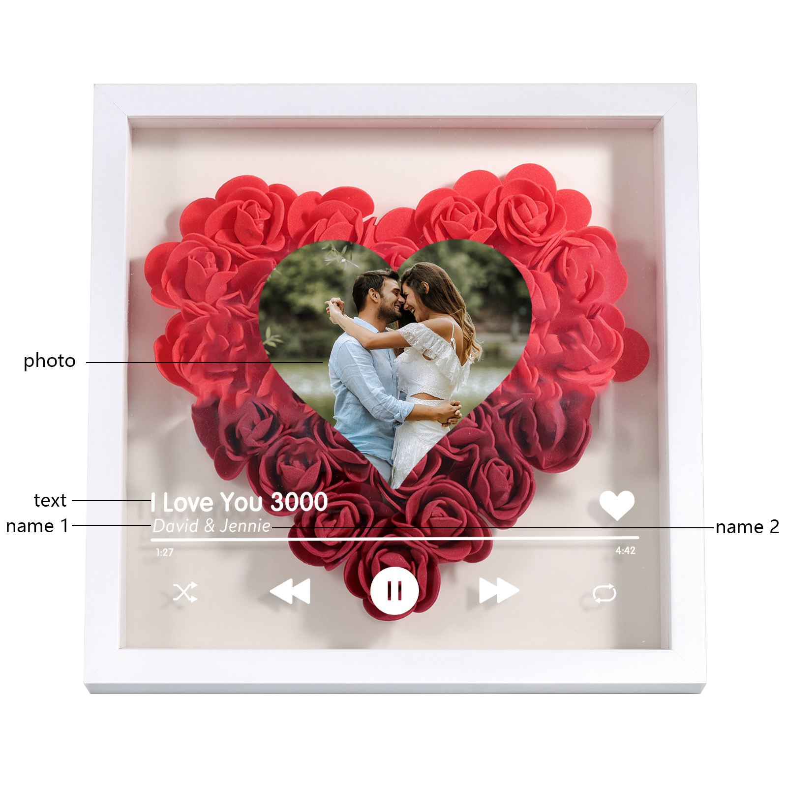 Personalised Photo Frame Heart Shaped - Custom 2 Names & 1 Photo & 1 Text with Red Rose and Couples Special Song Design Gift for Her/Him | Jessemade 
