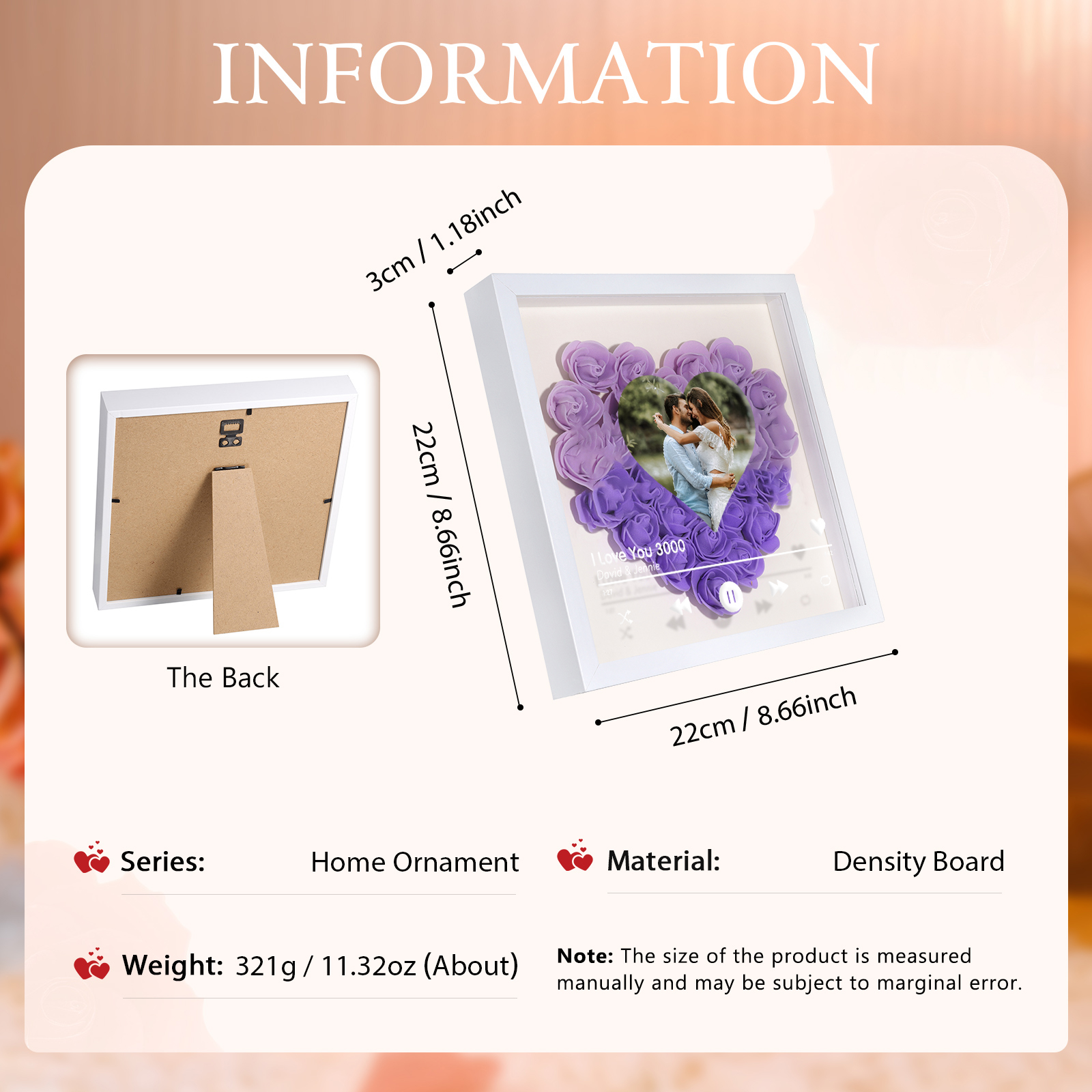 Personalised Photo Frame Heart Shaped - Custom 2 Names & 1 Photo & 1 Text with Red Rose and Couples Special Song Design Gift for Her/Him | Jessemade 